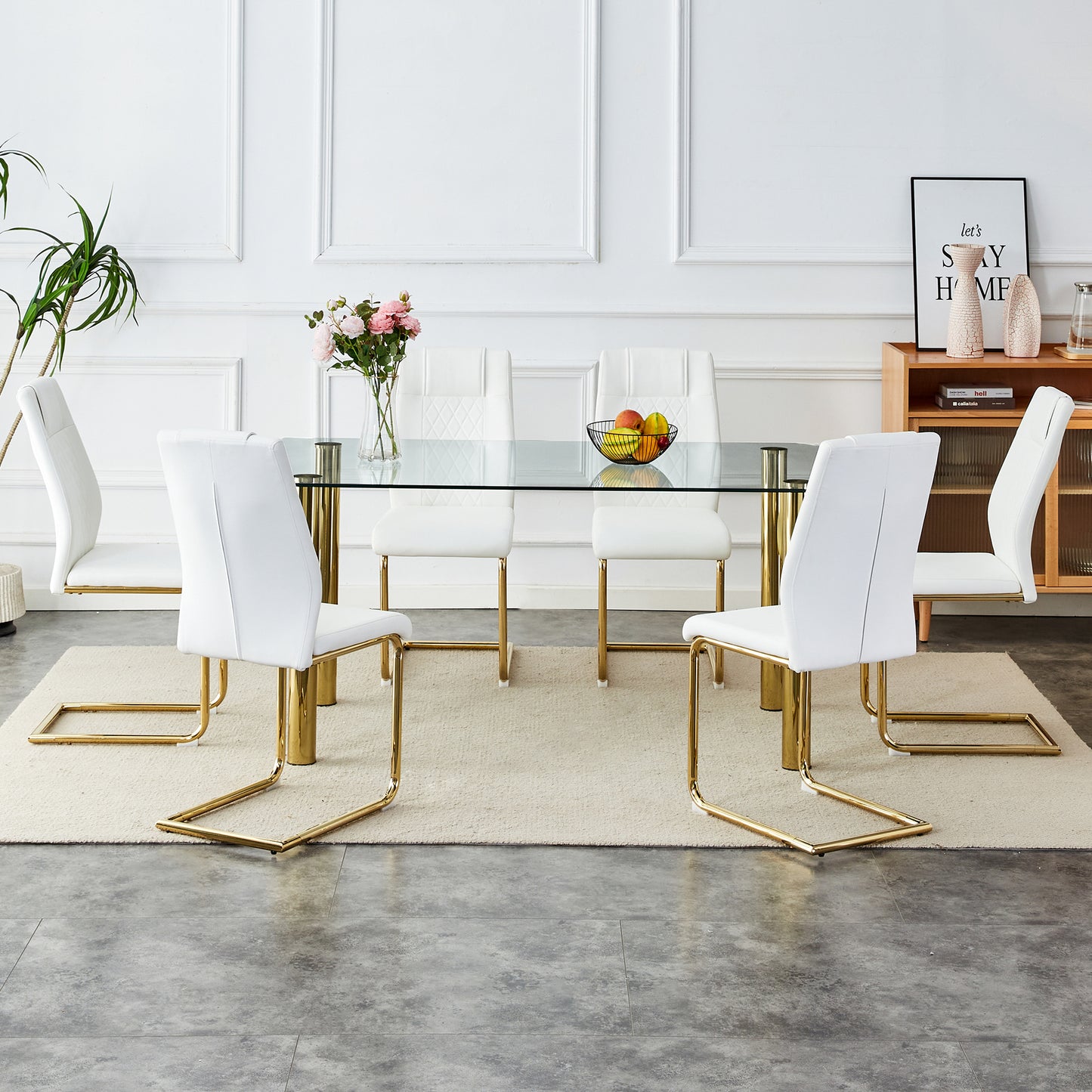 Melysen 1 Table with 6 Chairs, Transparent Tempered Glass Tabletop, Thickness 0.3 Feet, Golden Metal Legs, Paired with White Pu Backrest Cushion Chair, Golden Plated Metal Legs