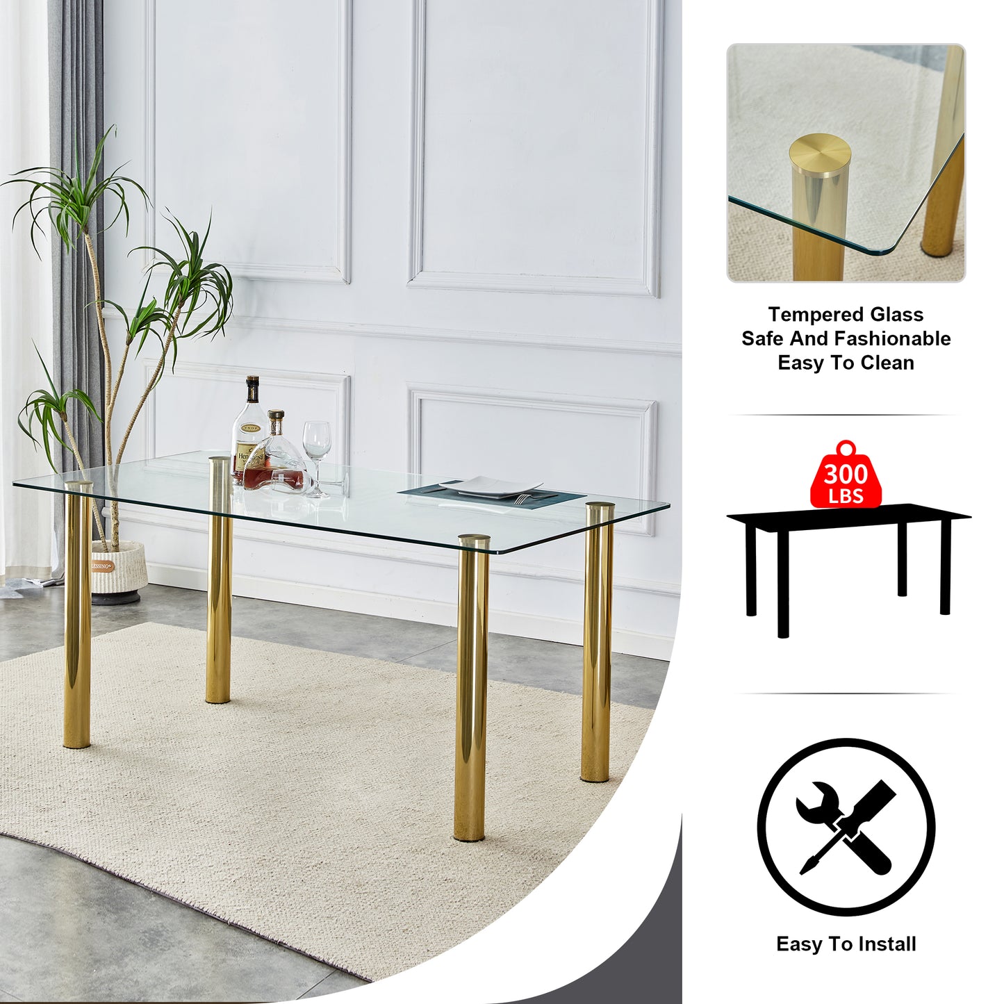 Melysen 1 Table with 6 Chairs, Transparent Tempered Glass Tabletop, Thickness 0.3 Feet, Golden Metal Legs, Paired with White Pu Backrest Cushion Chair, Golden Plated Metal Legs