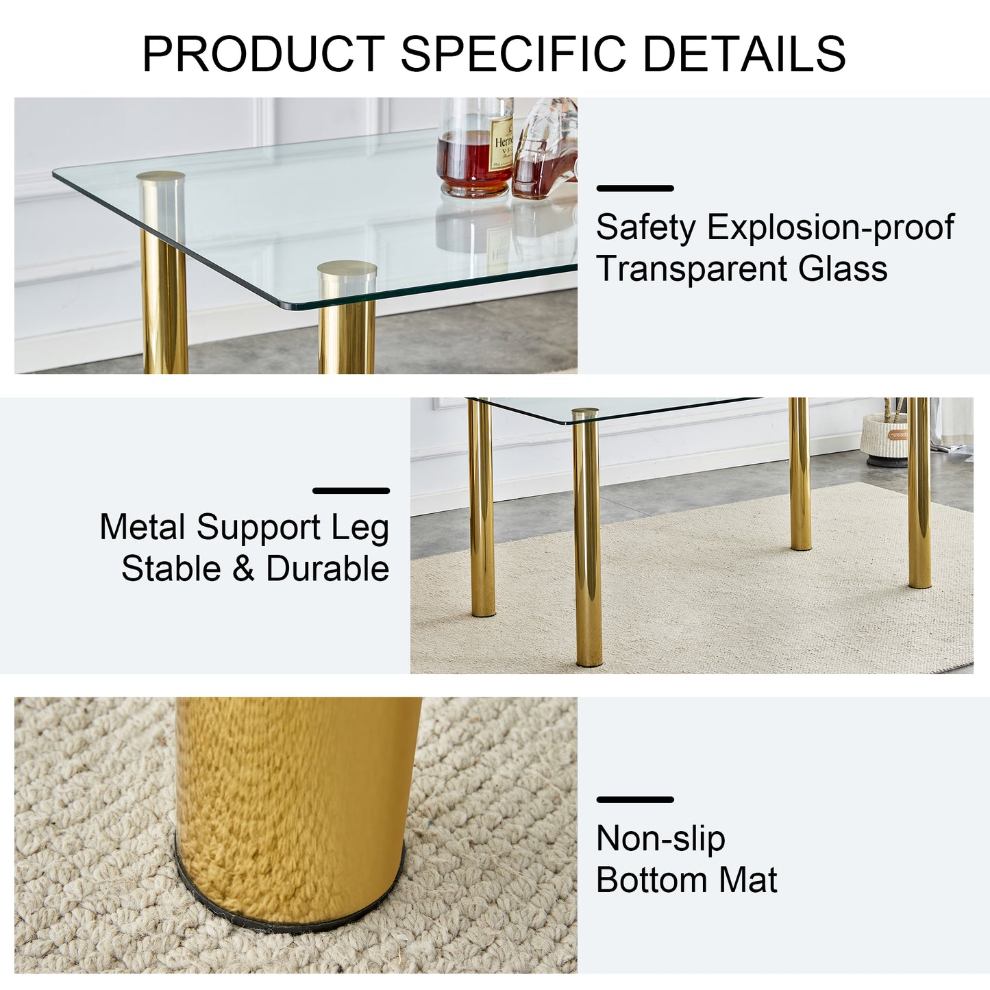 Melysen 1 Table with 6 Chairs, Transparent Tempered Glass Tabletop, Thickness 0.3 Feet, Golden Metal Legs, Paired with White Pu Backrest Cushion Chair, Golden Plated Metal Legs