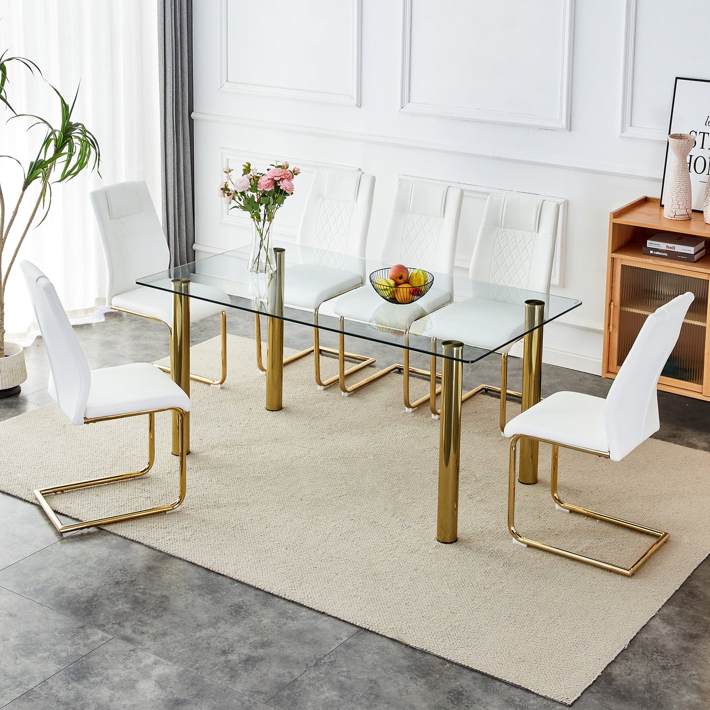 Melysen 1 Table with 6 Chairs, Transparent Tempered Glass Tabletop, Thickness 0.3 Feet, Golden Metal Legs, Paired with White Pu Backrest Cushion Chair, Golden Plated Metal Legs