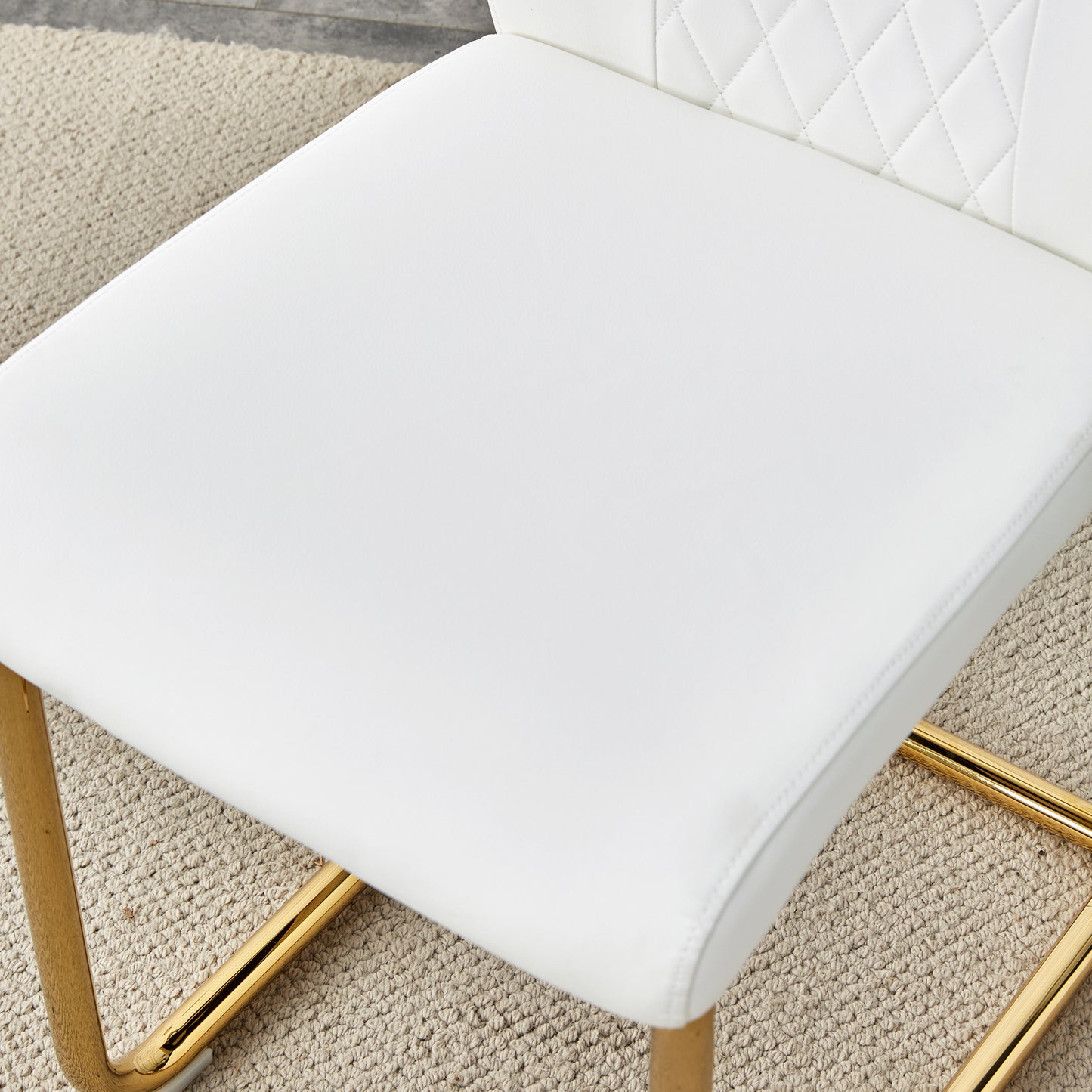 Melysen 1 Table with 6 Chairs, Transparent Tempered Glass Tabletop, Thickness 0.3 Feet, Golden Metal Legs, Paired with White Pu Backrest Cushion Chair, Golden Plated Metal Legs