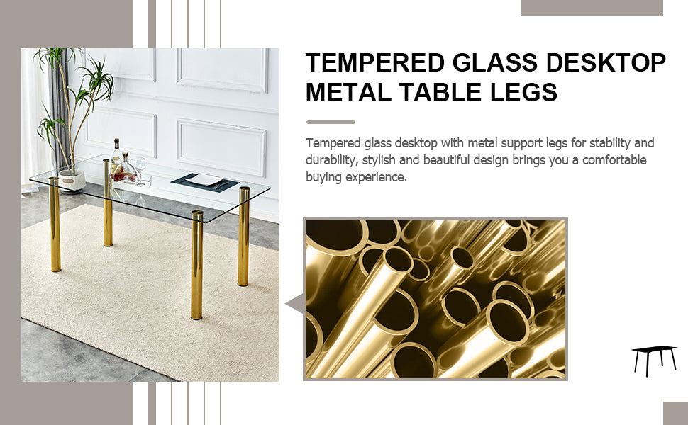 Melysen 1 Table with 6 Chairs, Transparent Tempered Glass Tabletop, Thickness 0.3 Feet, Golden Metal Legs, Paired with White Pu Backrest Cushion Chair, Golden Plated Metal Legs