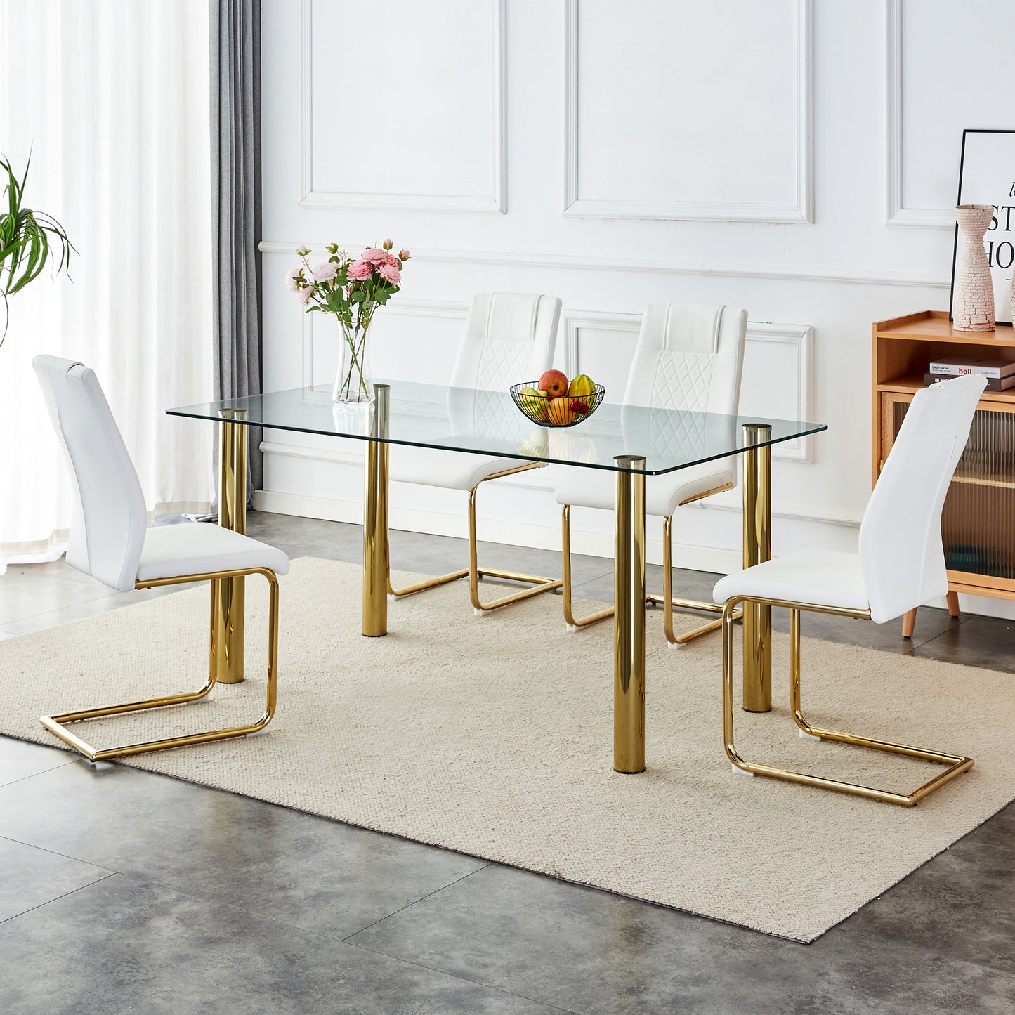 Melysen 1 Table with 6 Chairs, Transparent Tempered Glass Tabletop, Thickness 0.3 Feet, Golden Metal Legs, Paired with White Pu Backrest Cushion Chair, Golden Plated Metal Legs