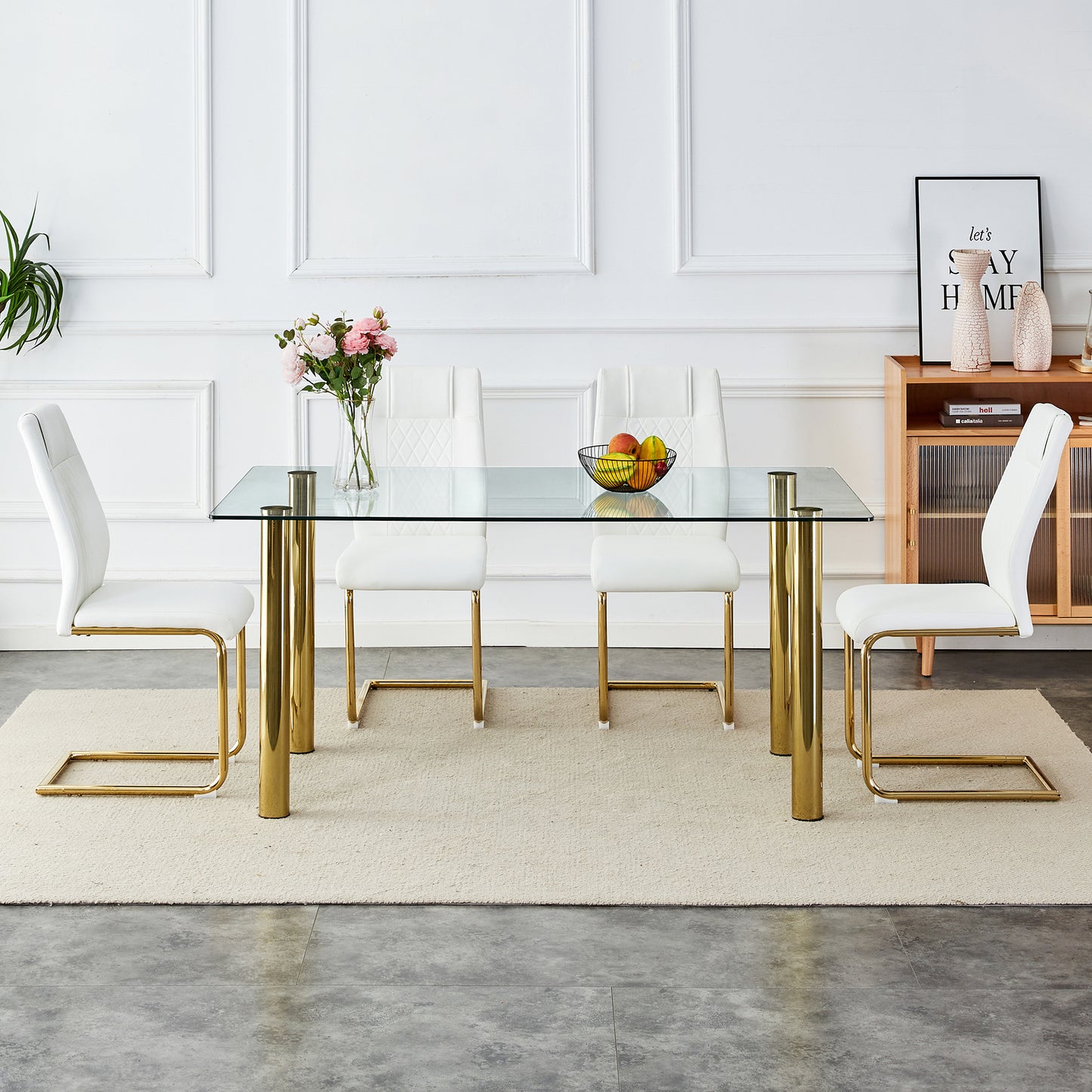 Melysen 1 Table with 6 Chairs, Transparent Tempered Glass Tabletop, Thickness 0.3 Feet, Golden Metal Legs, Paired with White Pu Backrest Cushion Chair, Golden Plated Metal Legs