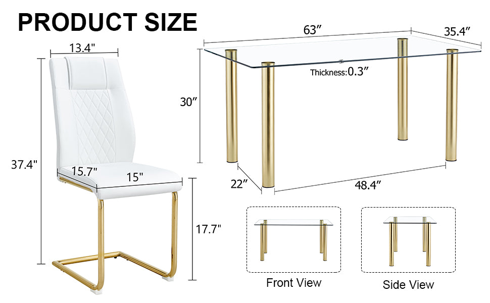 Melysen 1 Table with 6 Chairs, Transparent Tempered Glass Tabletop, Thickness 0.3 Feet, Golden Metal Legs, Paired with White Pu Backrest Cushion Chair, Golden Plated Metal Legs