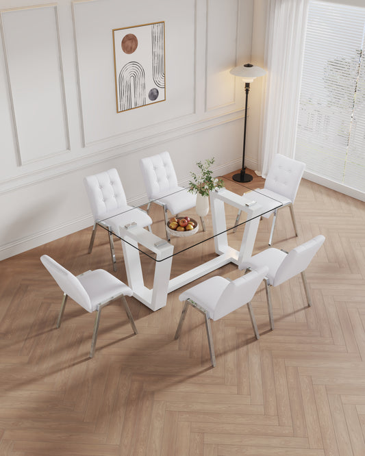 Melysen Table and Chair Set, Rectangular Dining Table, Equipped with 0.4"Tempered Glass Tabletop and White Mdf Trapezoidal Support, Paired with Lattice Armless High Back Dining Chairs (1 Table+6 Chairs)