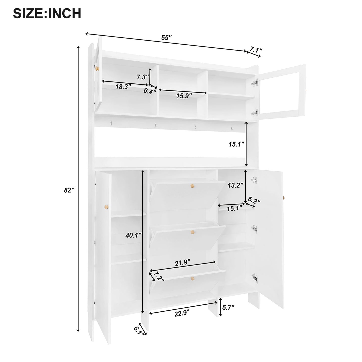 Melysen Contemporary Shoe Cabinet with Open Storage Platform, Tempered Glass Hall Tree with 3 Flip Drawers, Versatile Tall Cabinet with 4 Hanging Hooks for Hallway, White