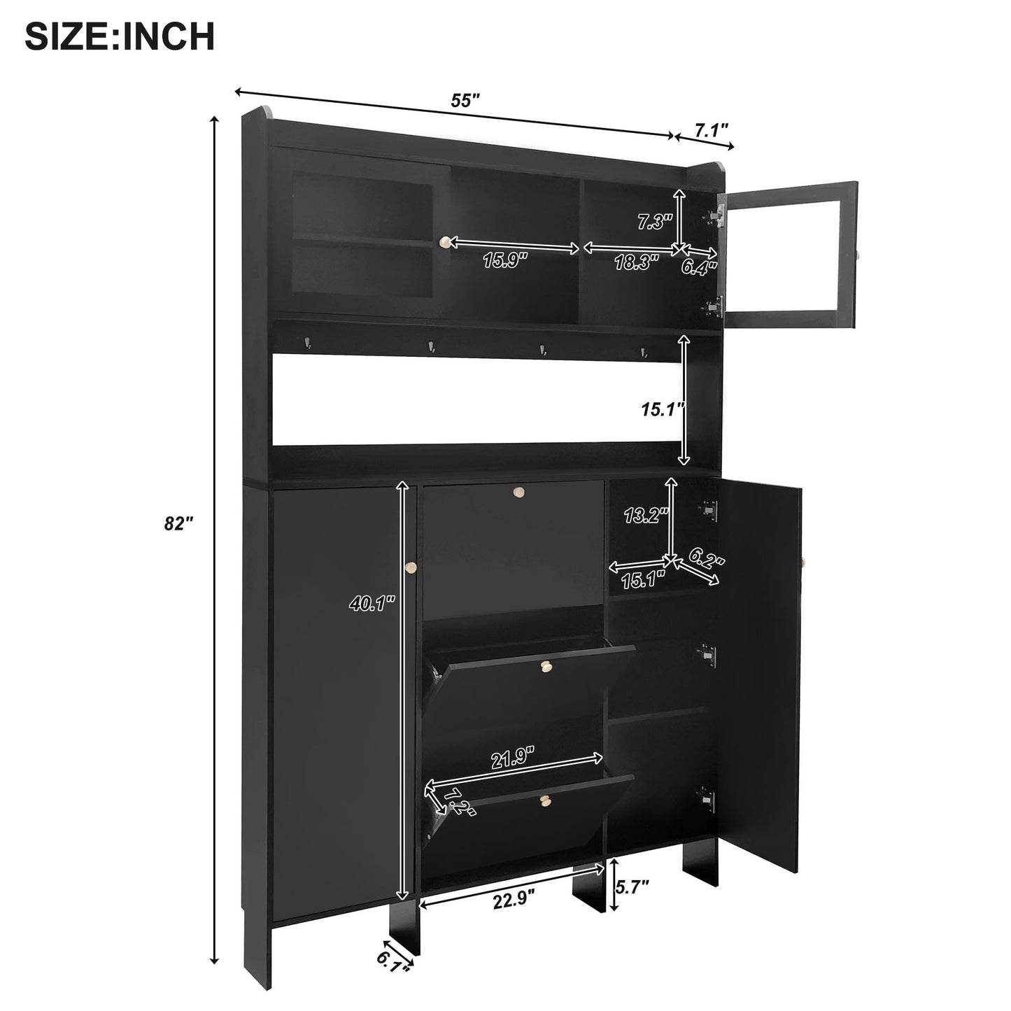 Melysen Contemporary Shoe Cabinet with Open Storage Platform, Tempered Glass Hall Tree with 3 Flip Drawers, Versatile Tall Cabinet with 4 Hanging Hooks for Hallway, Black