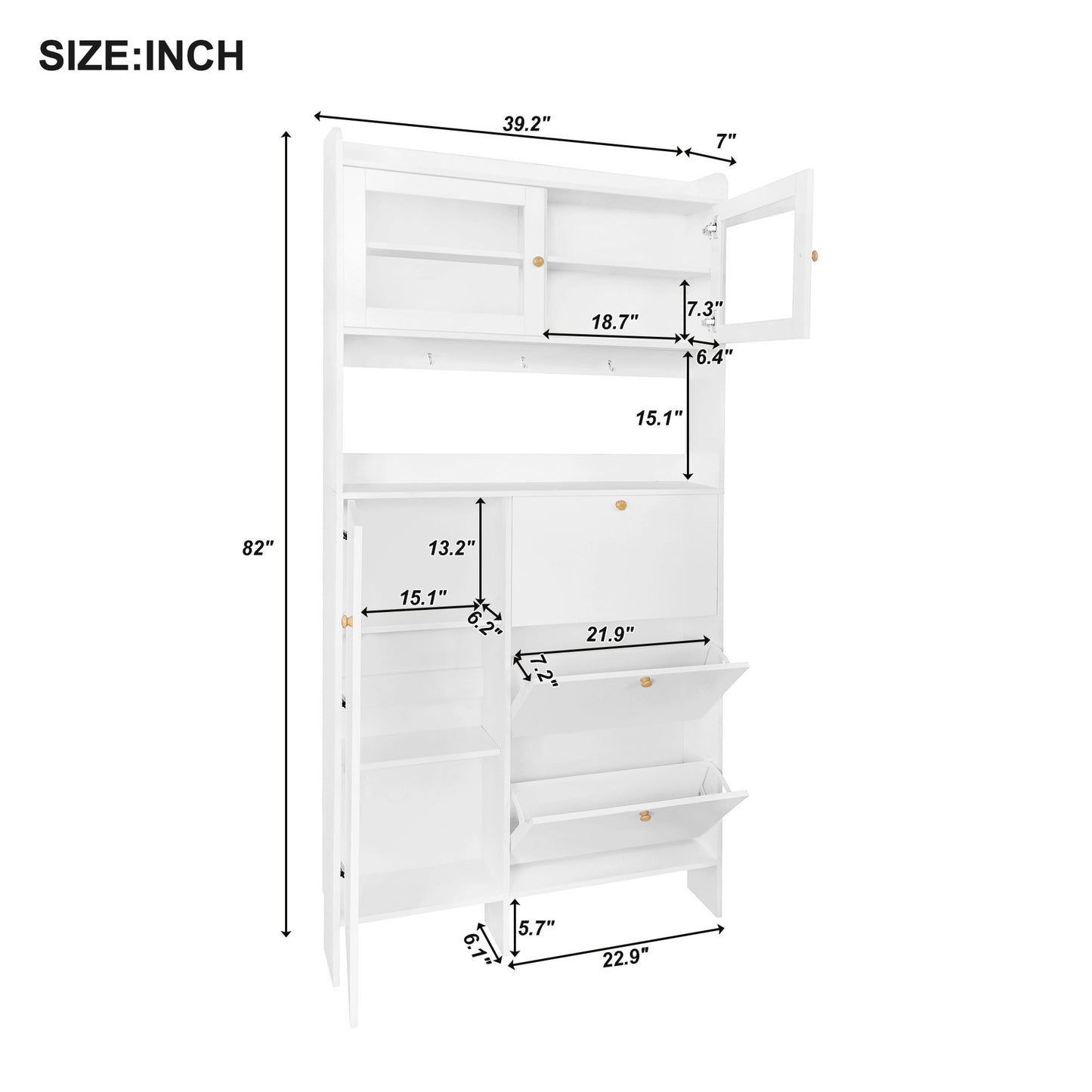 Melysen Shoe Cabinet with Open Storage Space, Practical Hall Tree with 3 Flip Drawers, Multi-functional & Integrated Foyer Cabinet with Tempered Glass Doors for Hallway, White