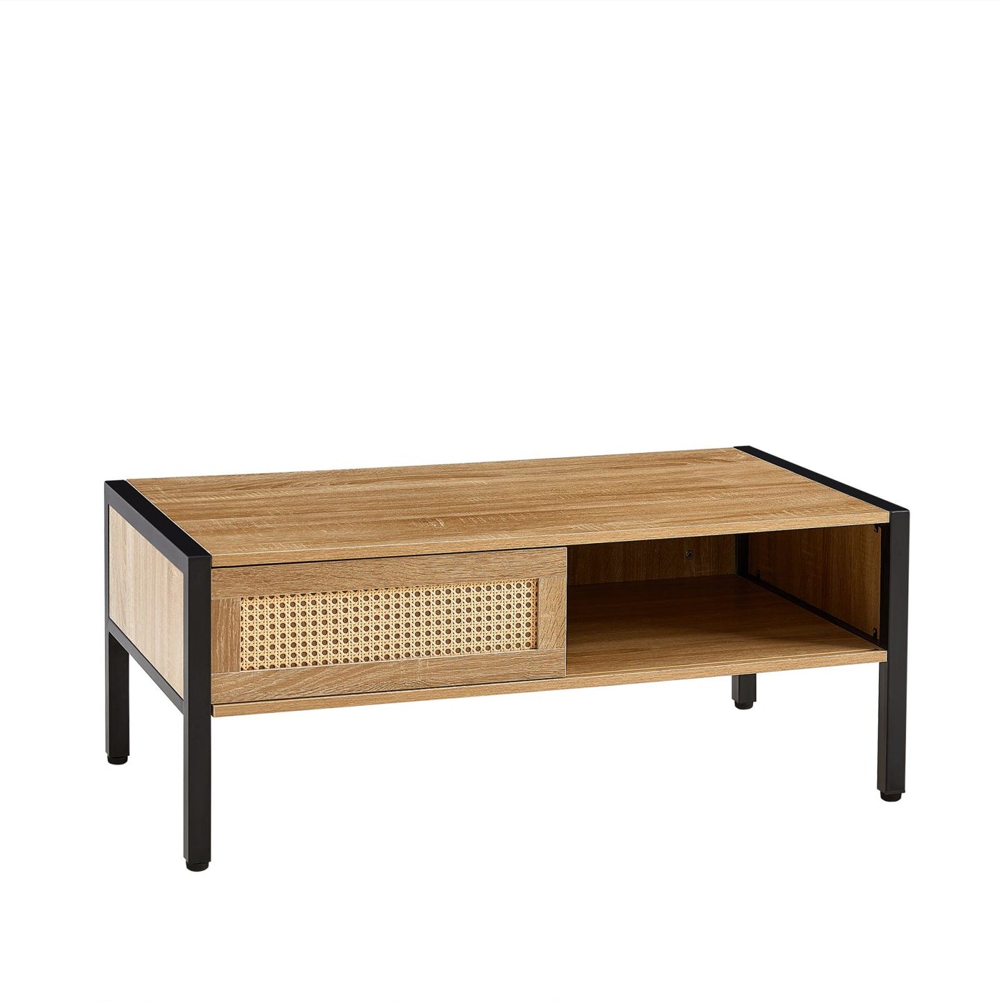 Melysen 40.16" Rattan Coffee table, sliding door for storage, metal legs, Modern table  for living room , natural