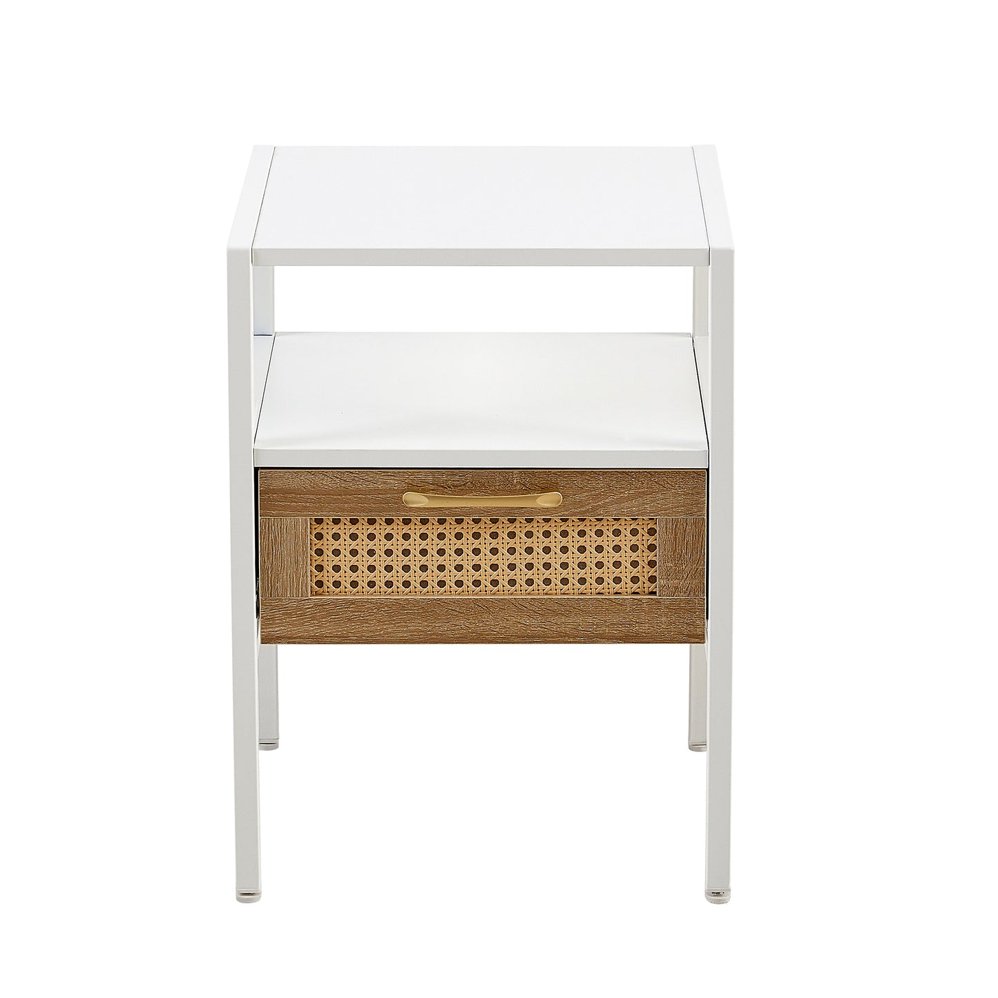 Melysen 15.75" Rattan End table with drawer, Modern nightstand, metal legs,side table for living room, bedroom,white