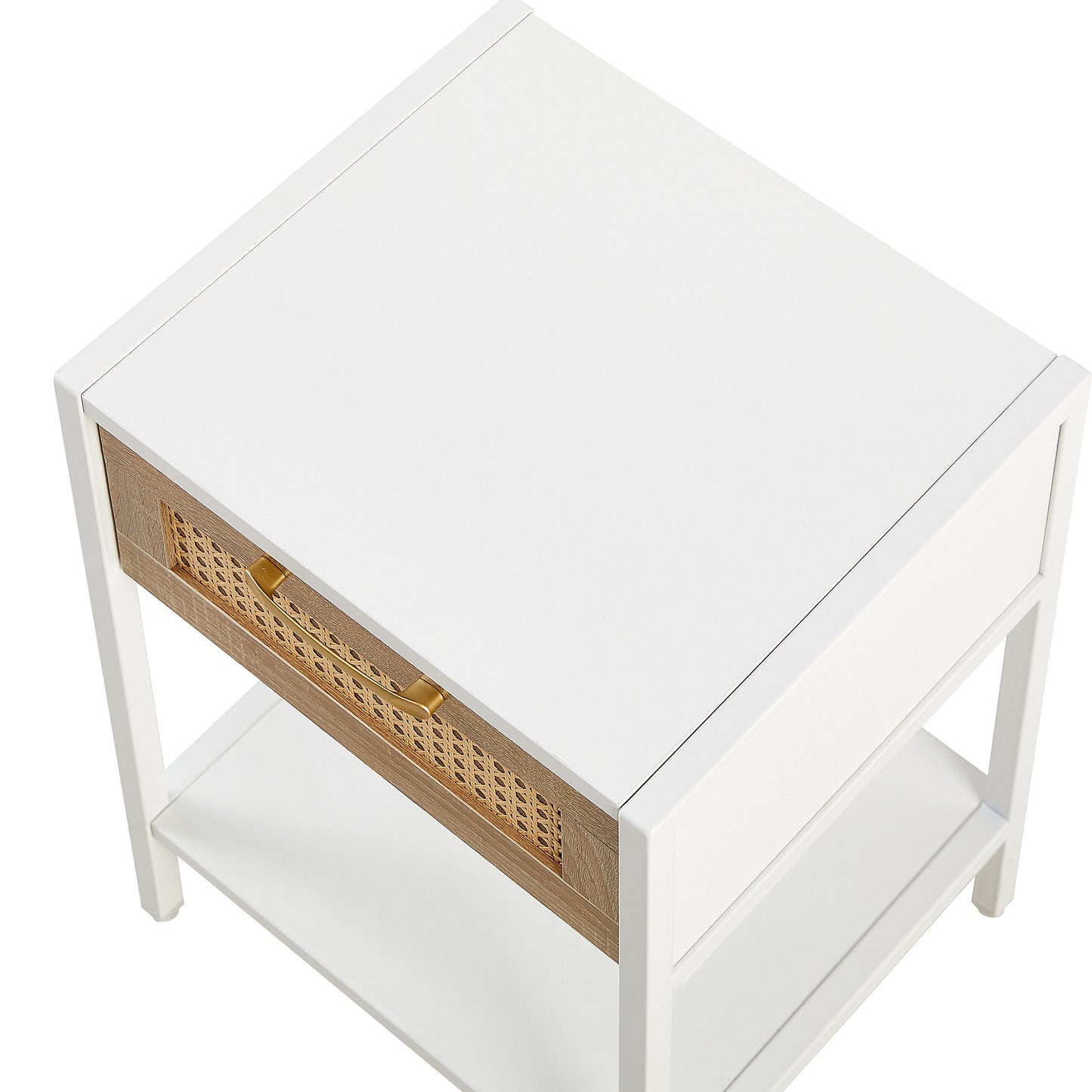 Melysen 15.74" Rattan End table with drawer, Modern nightstand, metal legs,side table for living room, bedroom,white