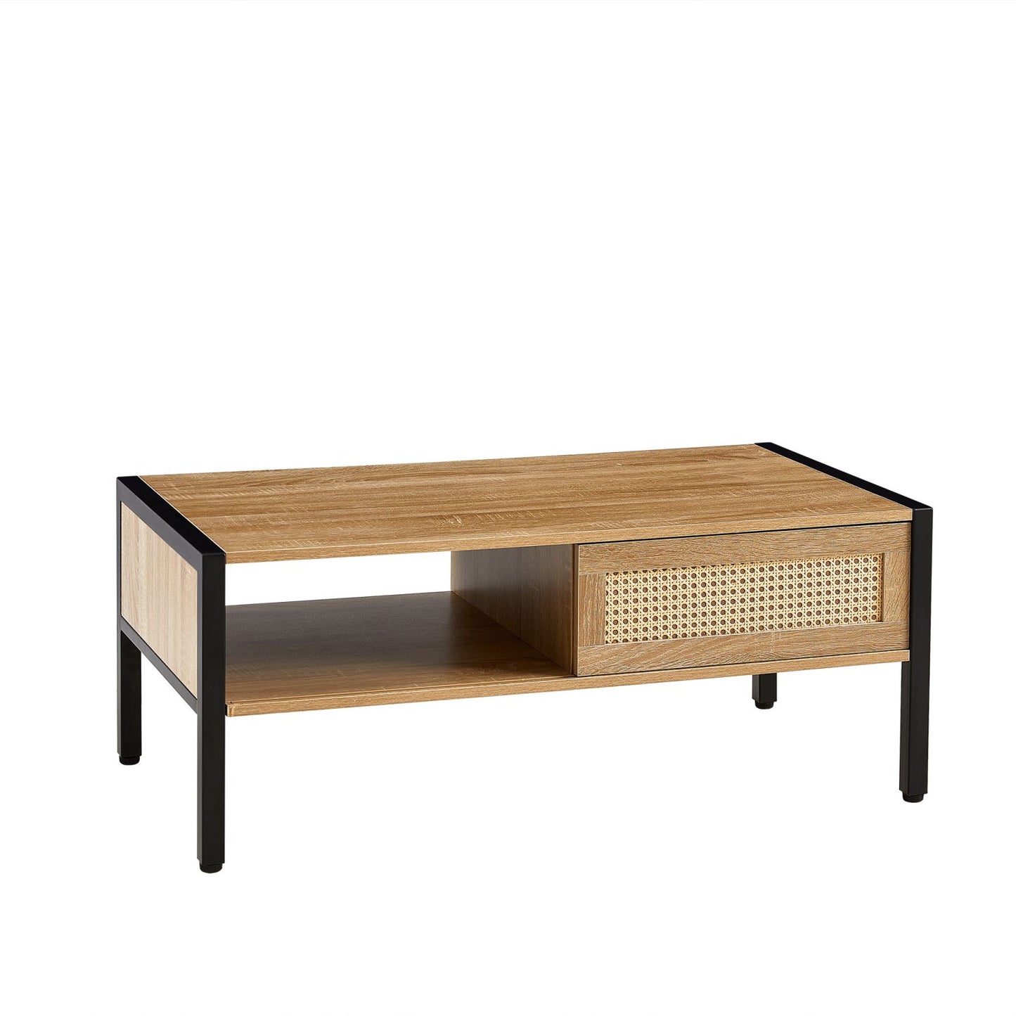 Melysen 40.16" Rattan Coffee table, sliding door for storage, metal legs, Modern table  for living room , natural