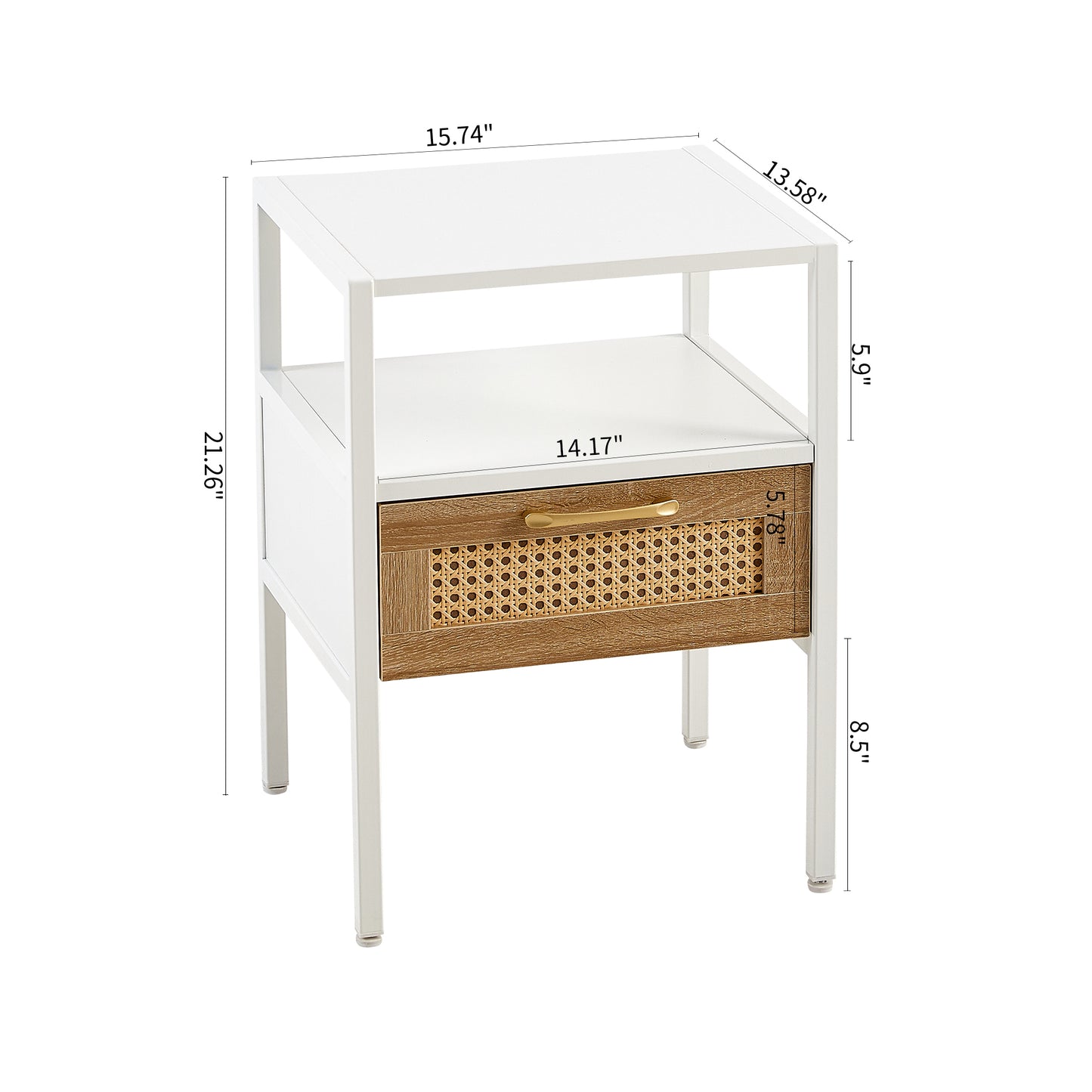 Melysen 15.75" Rattan End table with drawer, Modern nightstand, metal legs,side table for living room, bedroom,white