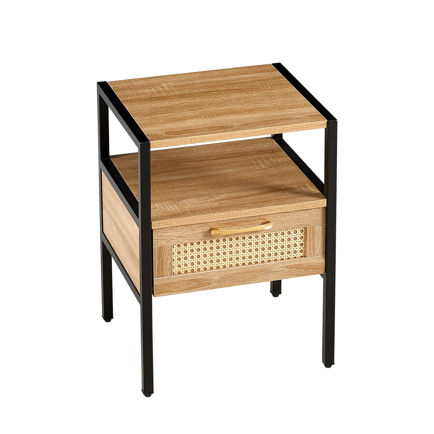 Melysen 15.75" Rattan End table with drawer, Modern nightstand, metal legs,side table for living room, bedroom,natural