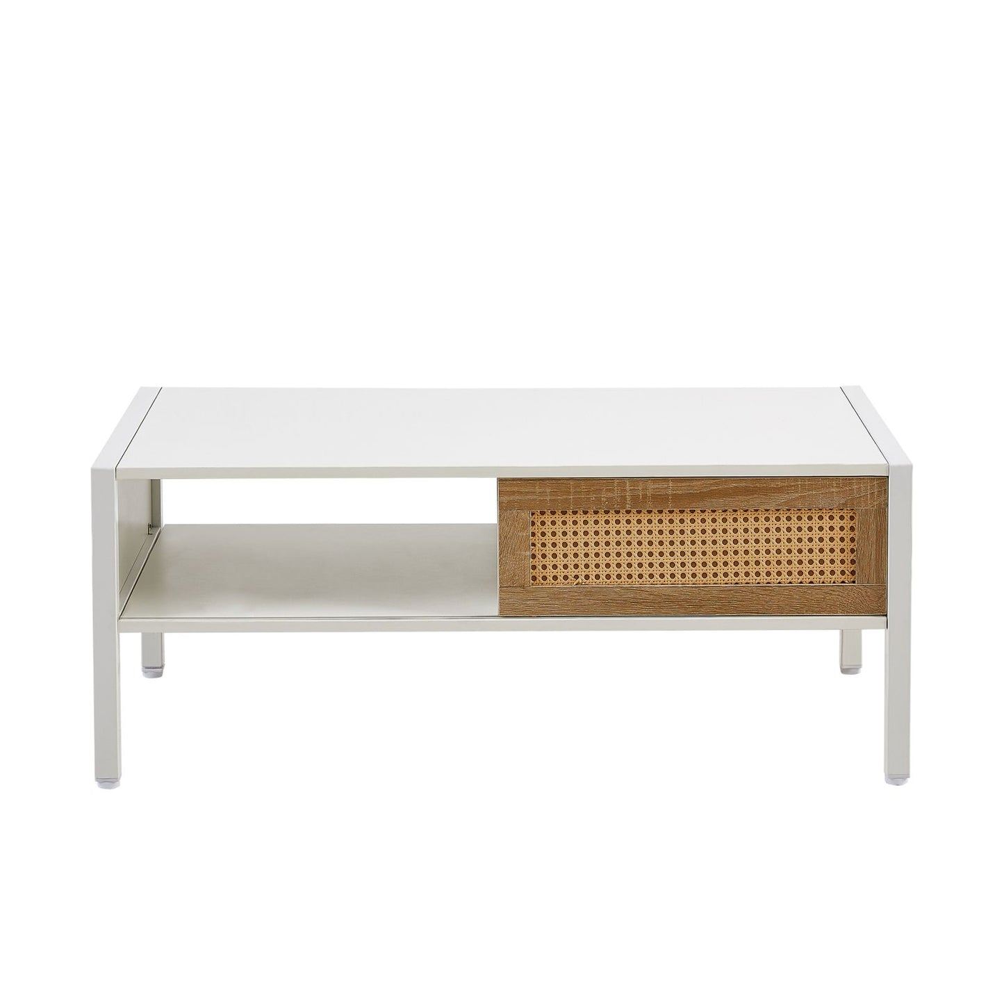 Melysen 40.16" Rattan Coffee table, sliding door for storage, metal legs, Modern table  for living room , white