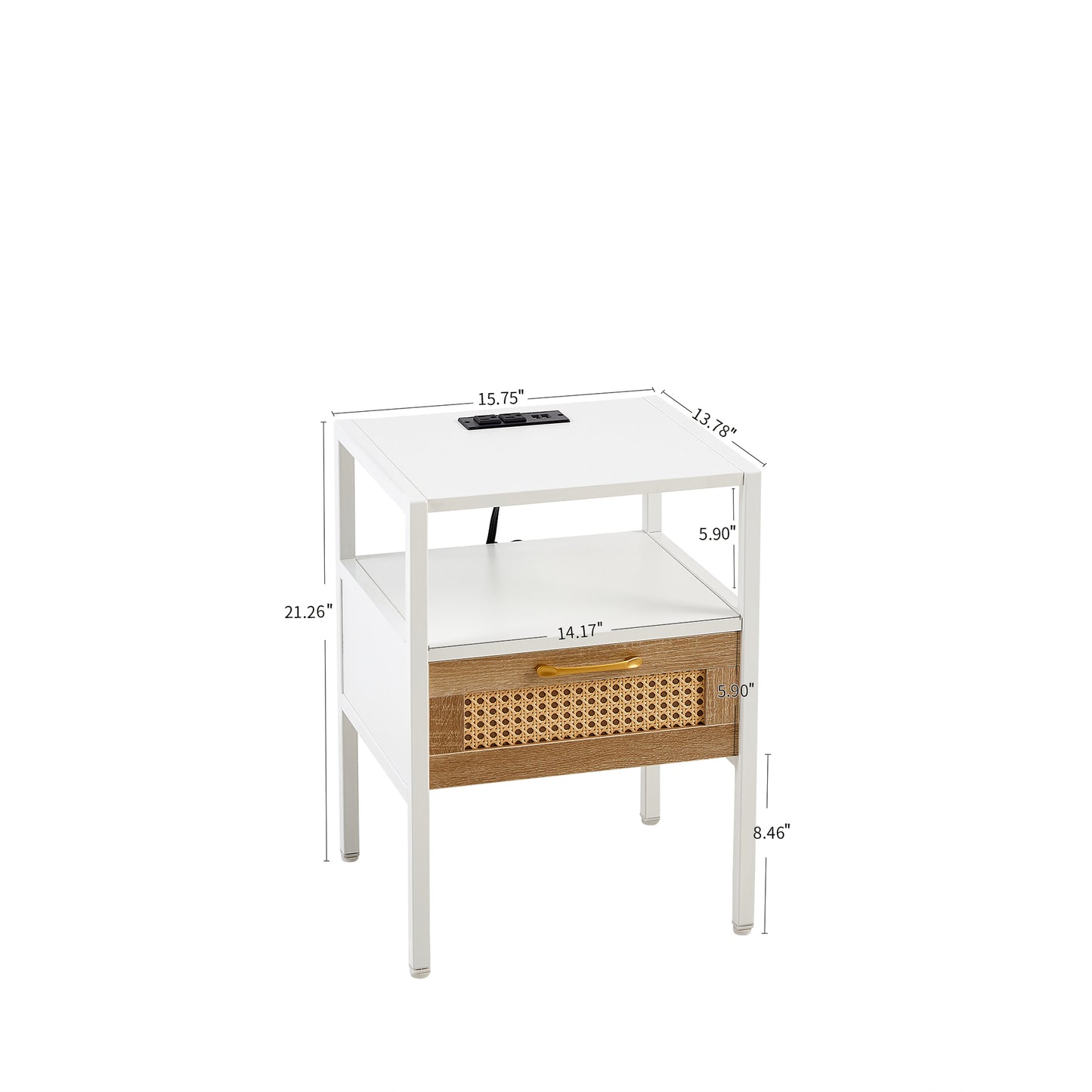 Melysen 15.75" Rattan End table with Power Outlet & USB Ports , Modern nightstand with drawer and metal legs, side table for living room, bedroom,white