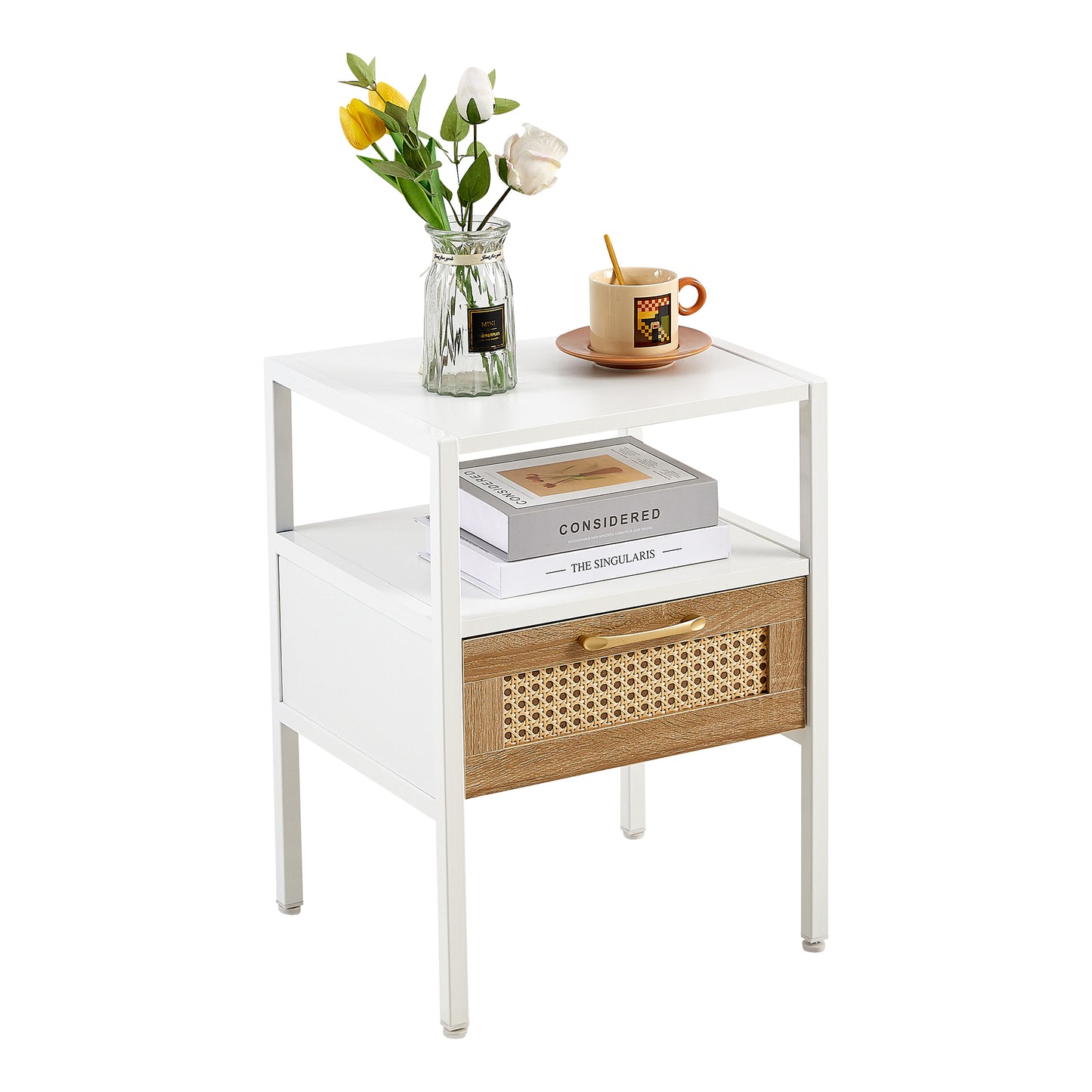 Melysen 15.75" Rattan End table with drawer, Modern nightstand, metal legs,side table for living room, bedroom,white