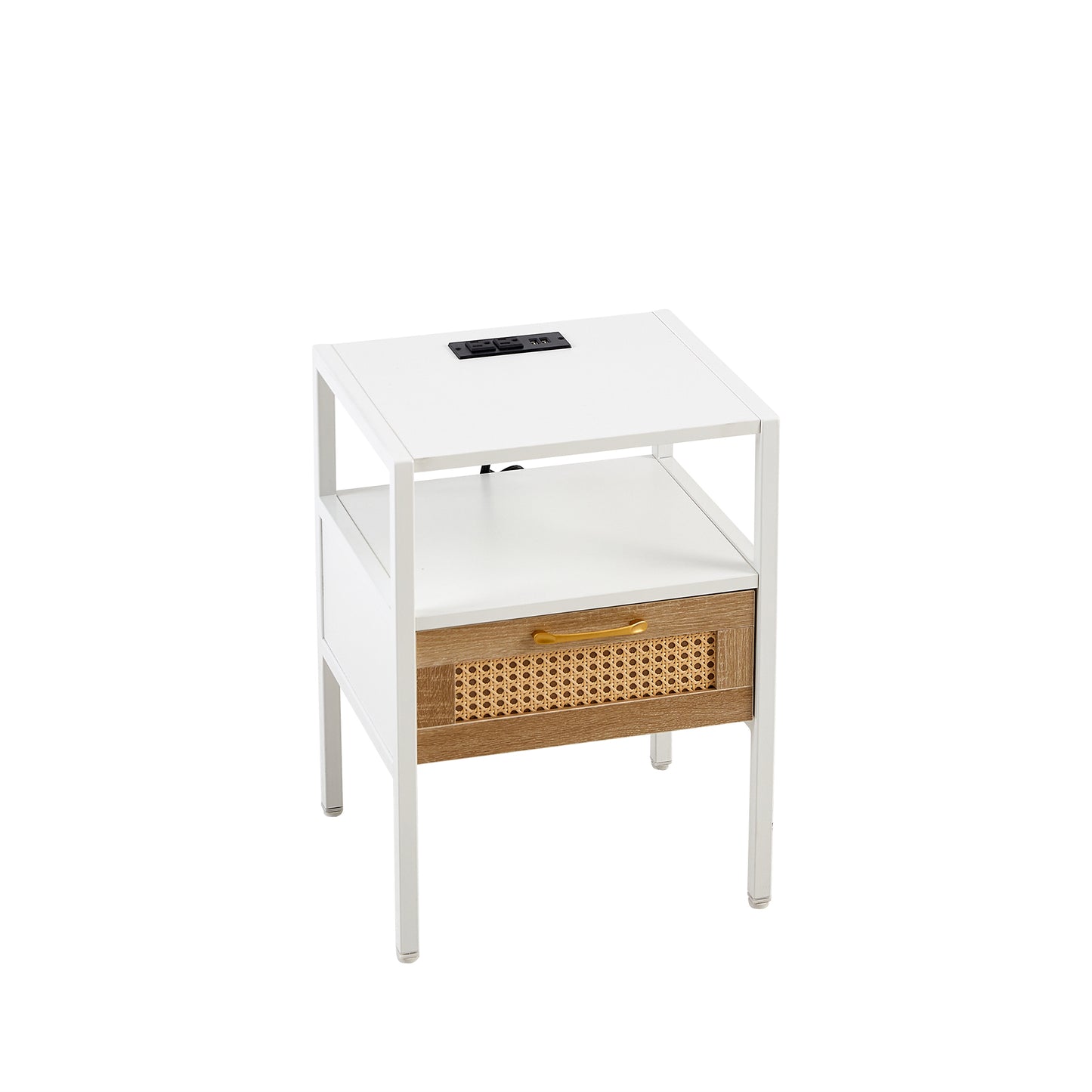 Melysen 15.75" Rattan End table with Power Outlet & USB Ports , Modern nightstand with drawer and metal legs, side table for living room, bedroom,white