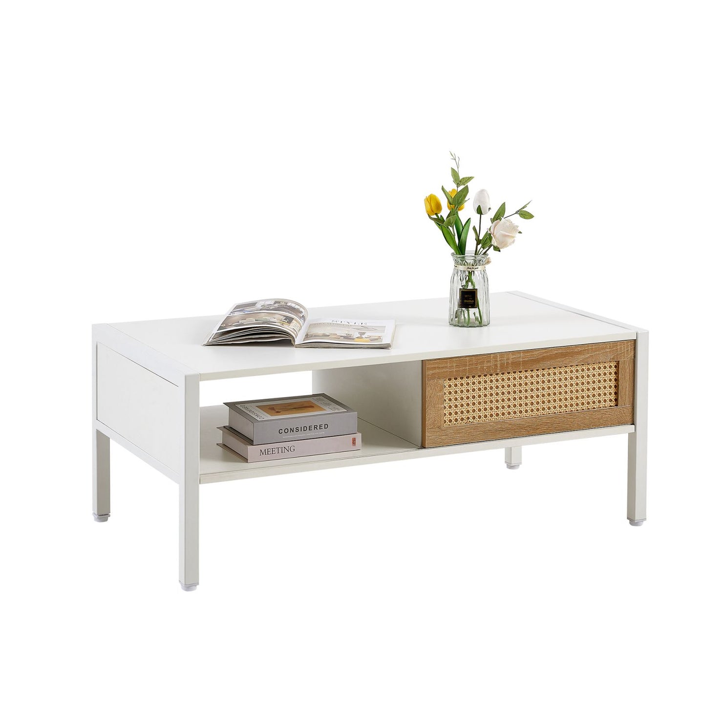 Melysen 40.16" Rattan Coffee table, sliding door for storage, metal legs, Modern table  for living room , white