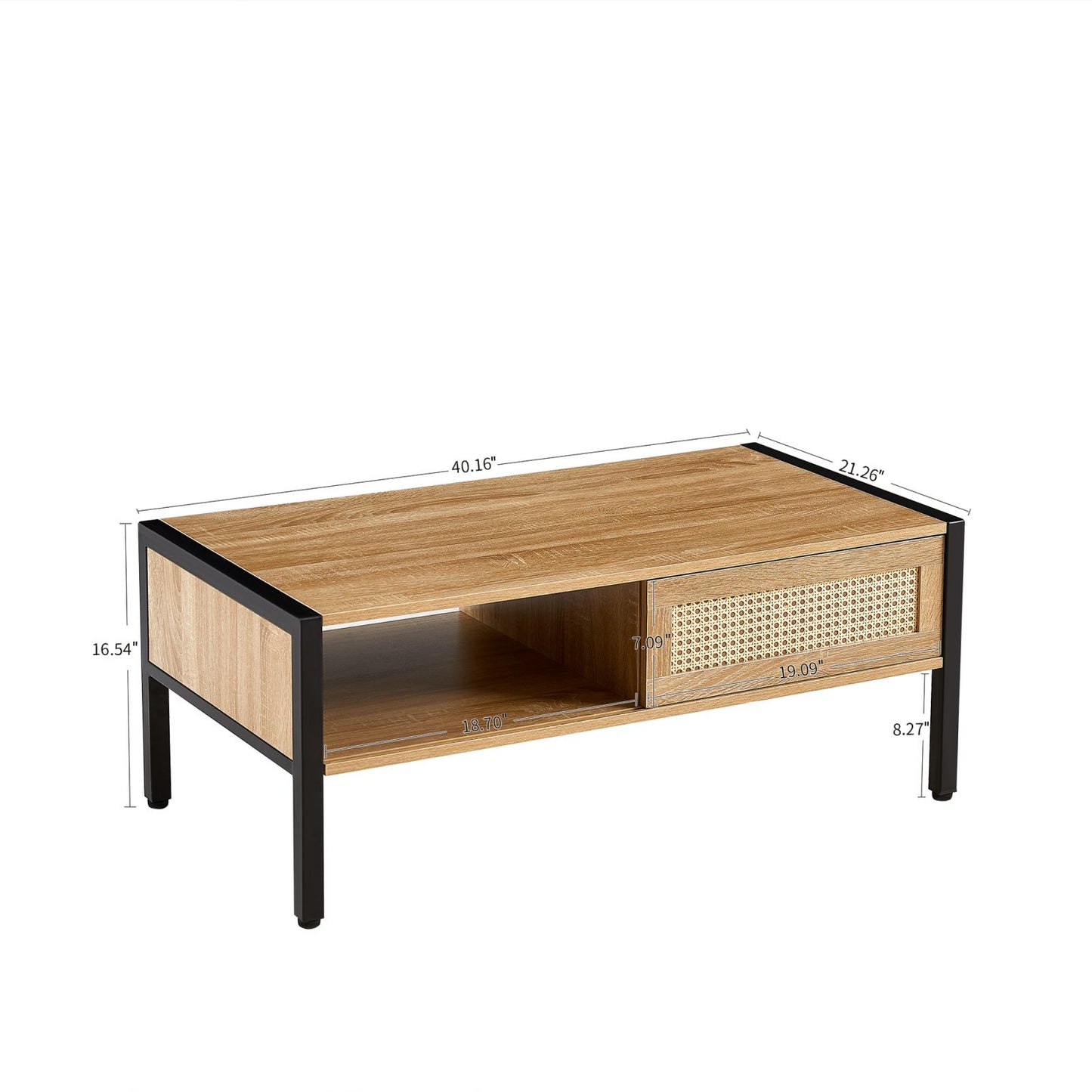 Melysen 40.16" Rattan Coffee table, sliding door for storage, metal legs, Modern table  for living room , natural