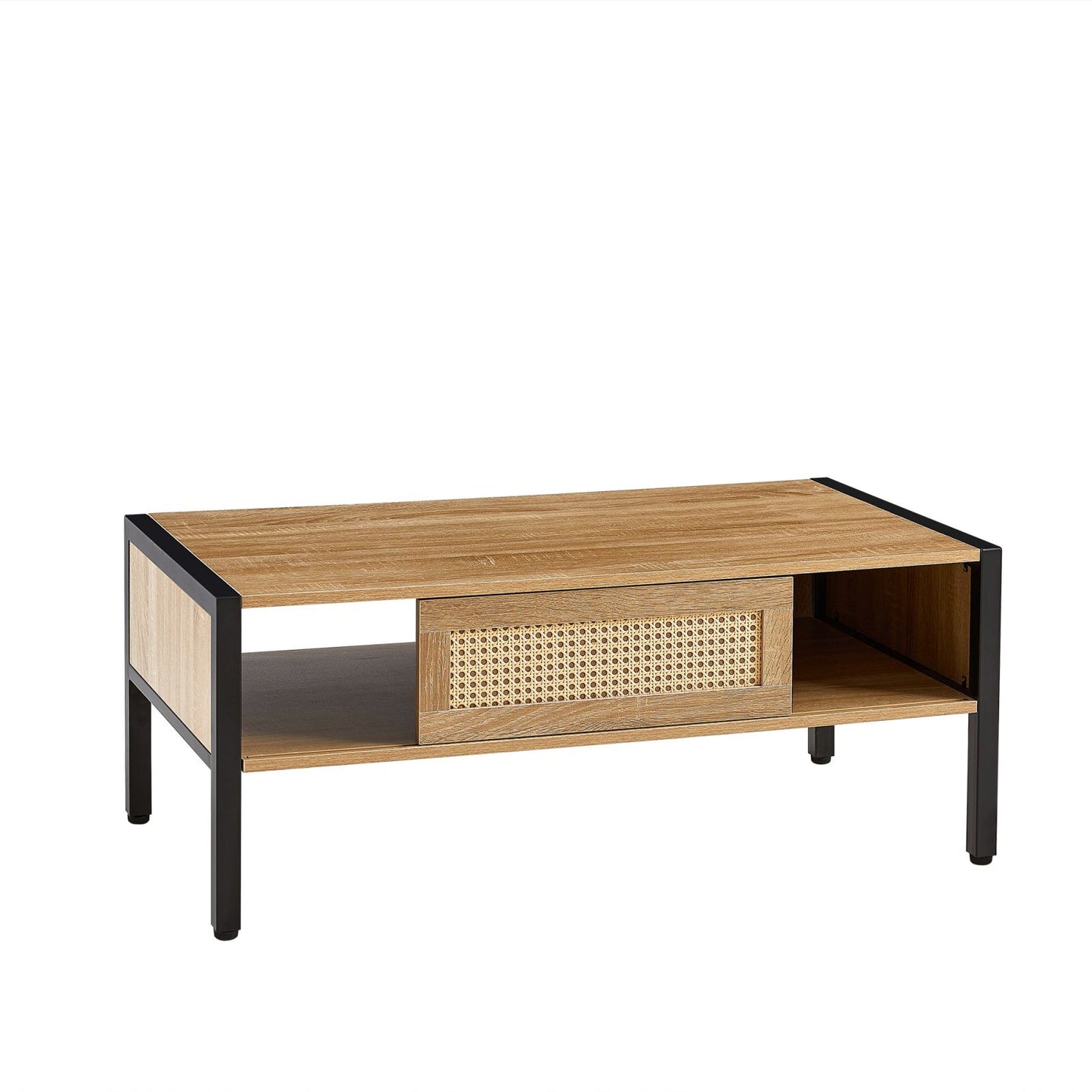 Melysen 40.16" Rattan Coffee table, sliding door for storage, metal legs, Modern table  for living room , natural