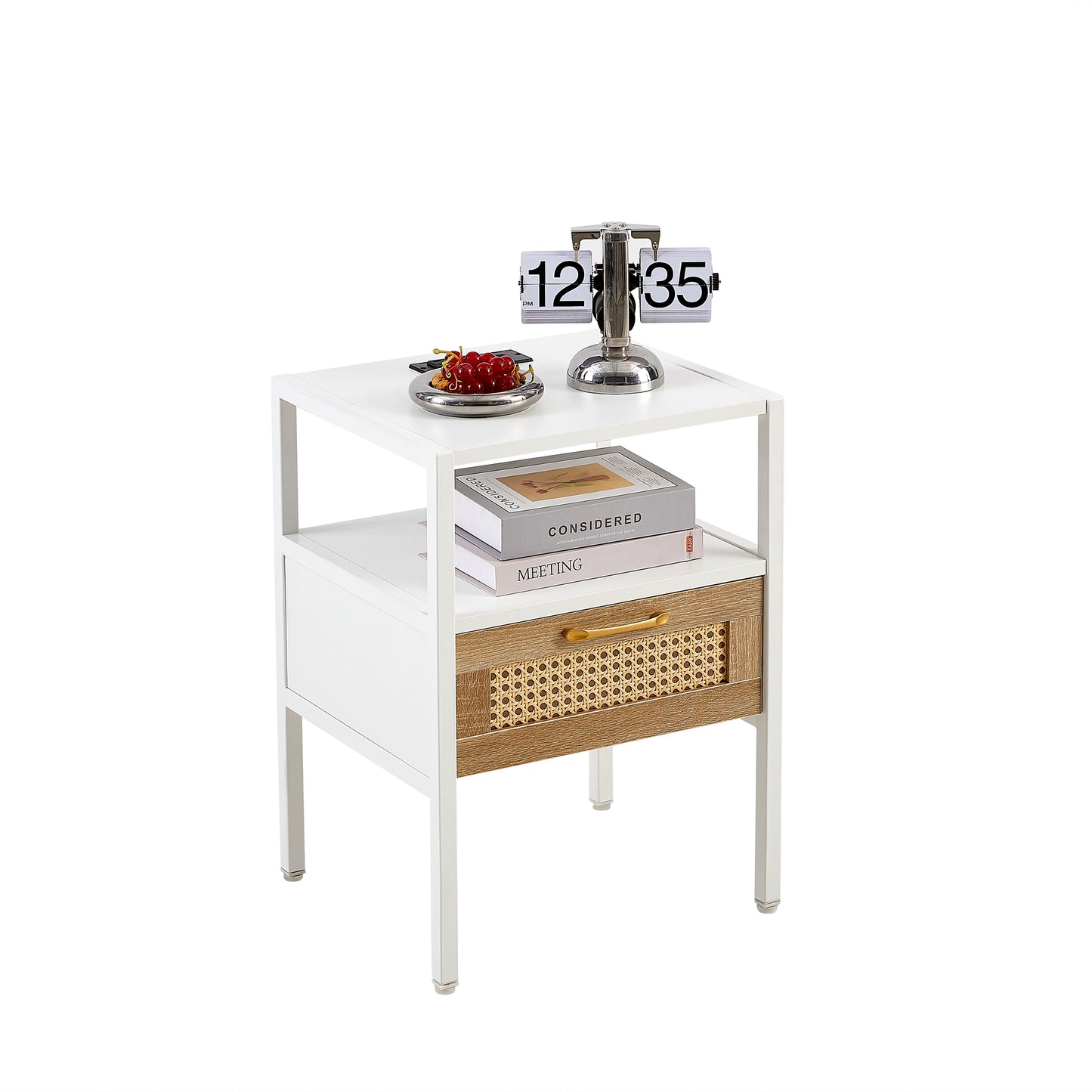 Melysen 15.75" Rattan End table with Power Outlet & USB Ports , Modern nightstand with drawer and metal legs, side table for living room, bedroom,white