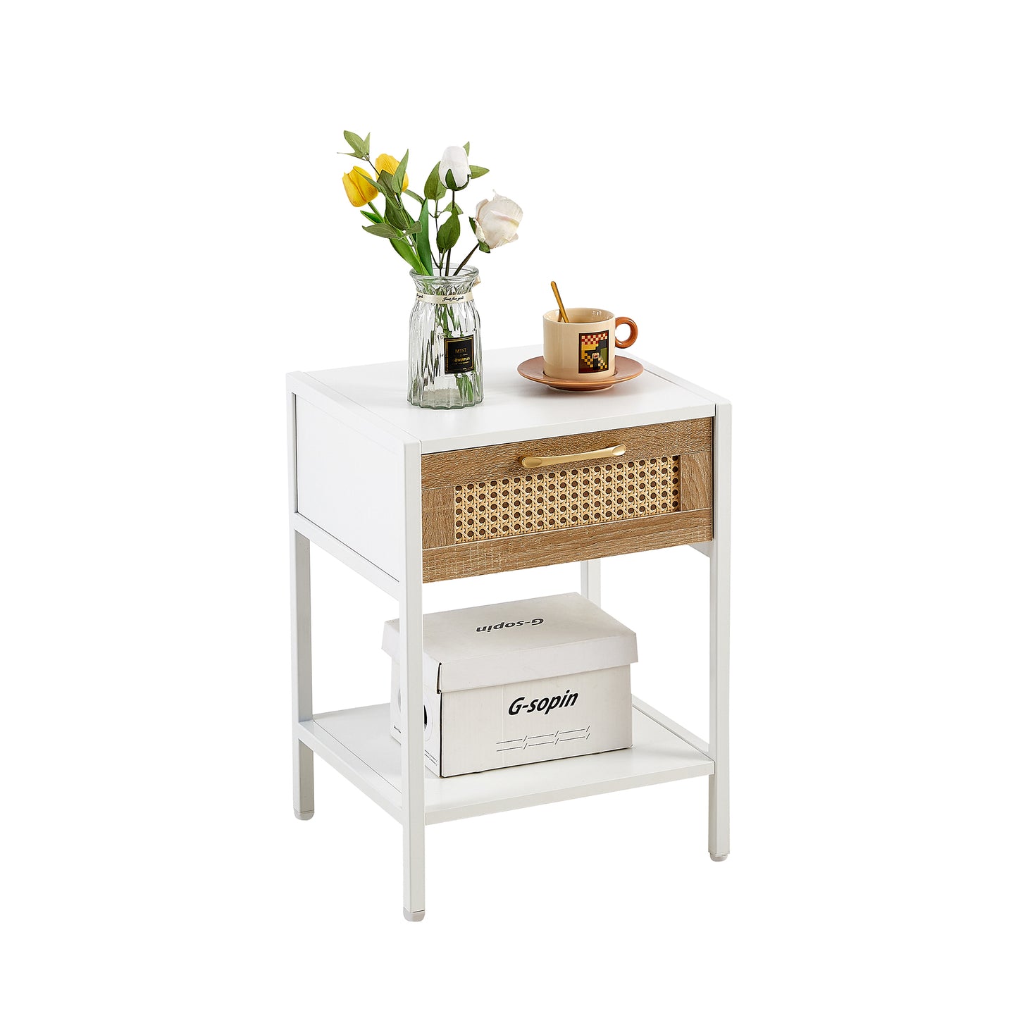 Melysen 15.74" Rattan End table with drawer, Modern nightstand, metal legs,side table for living room, bedroom,white