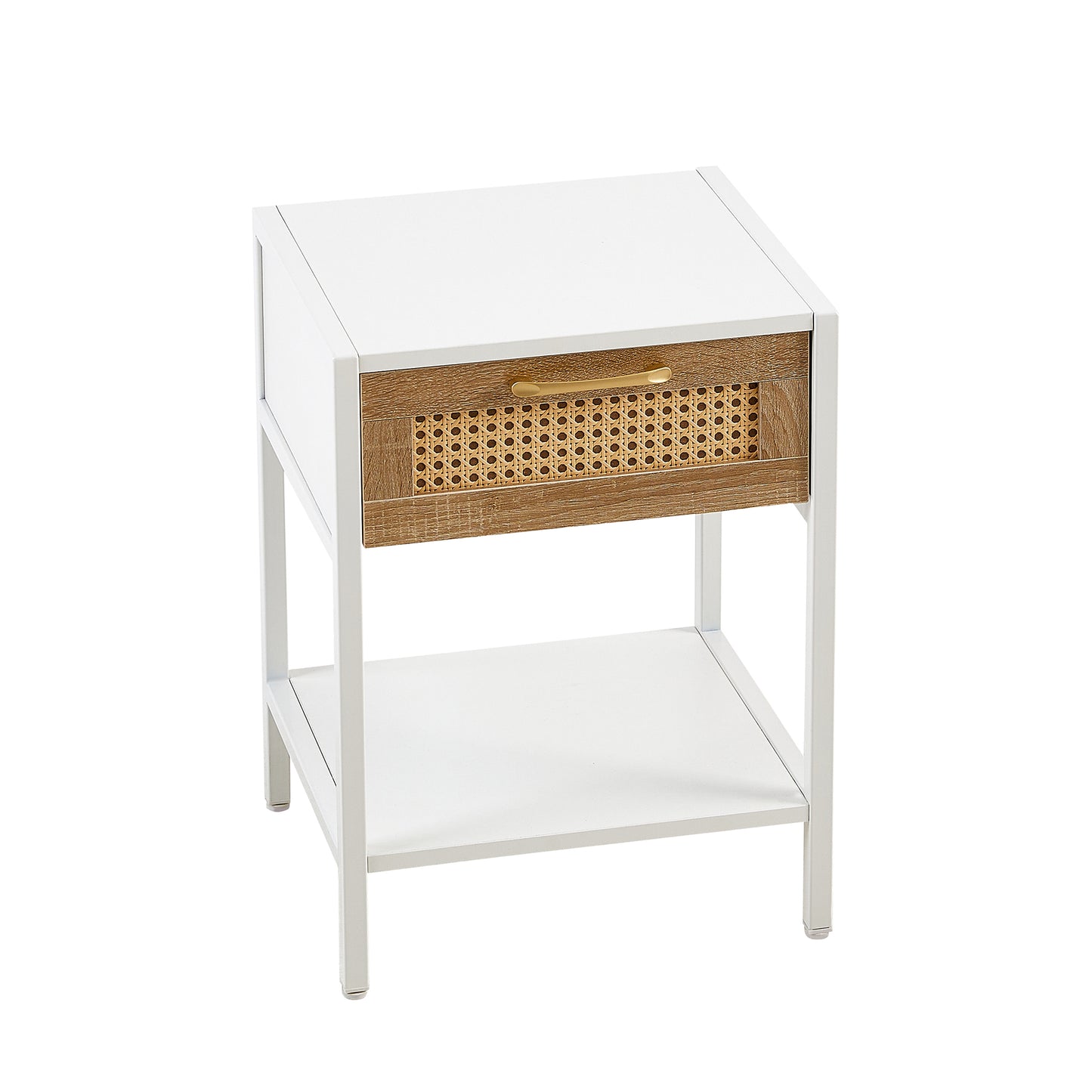 Melysen 15.74" Rattan End table with drawer, Modern nightstand, metal legs,side table for living room, bedroom,white