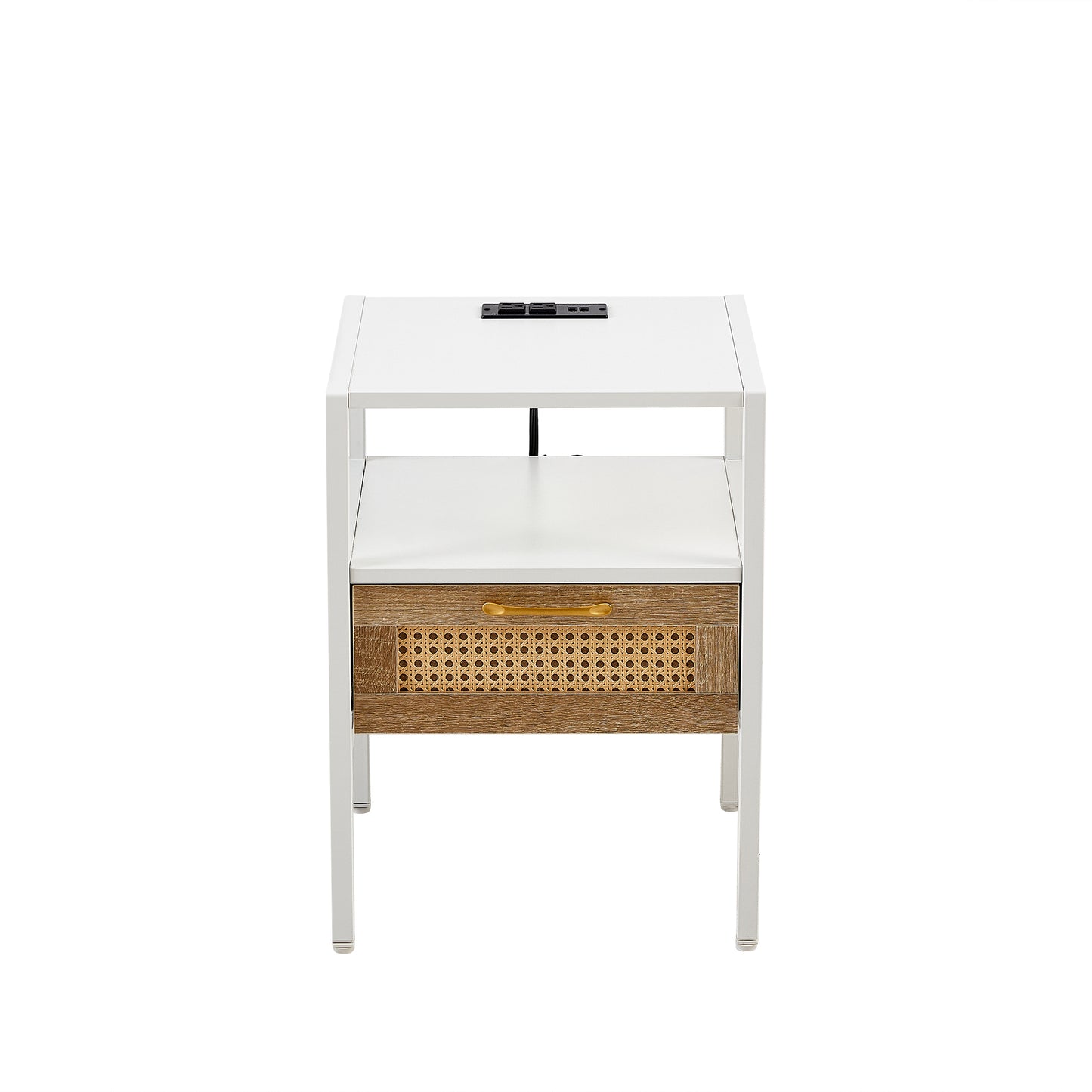 Melysen 15.75" Rattan End table with Power Outlet & USB Ports , Modern nightstand with drawer and metal legs, side table for living room, bedroom,white