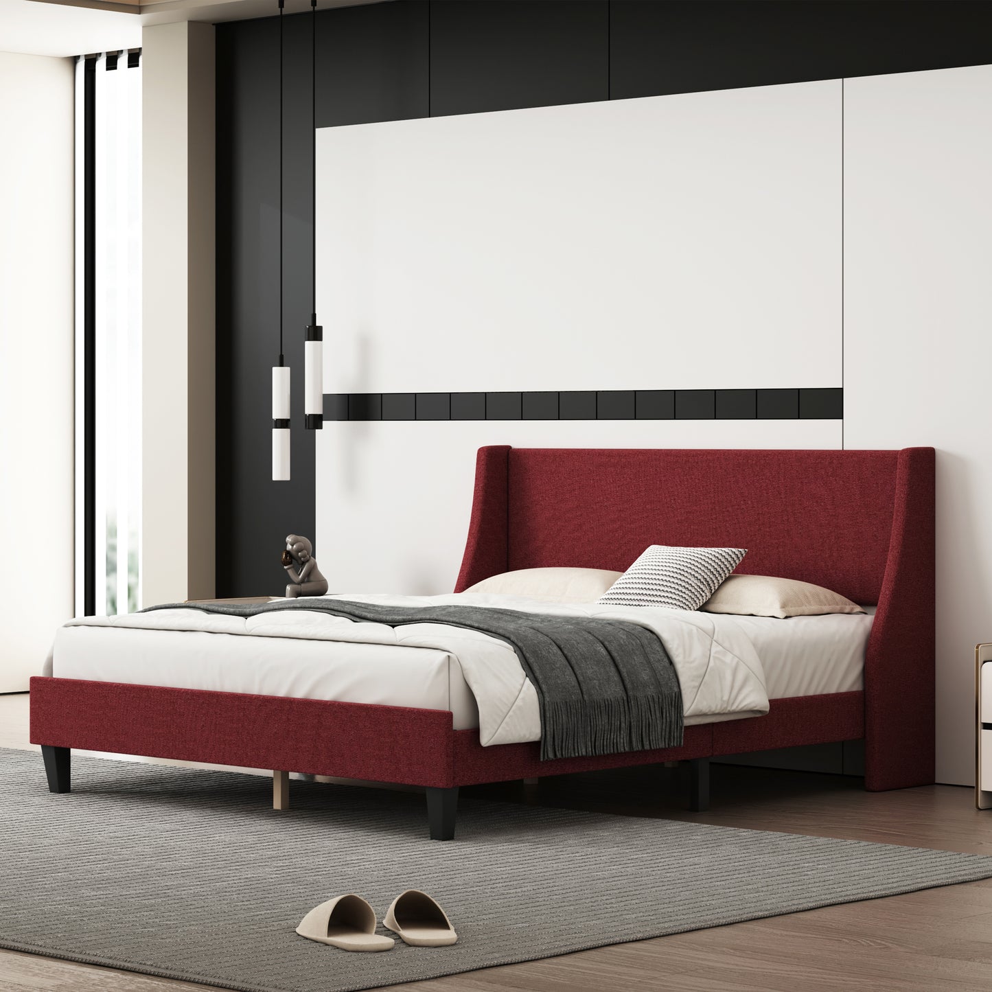 Melysen Bedframe Upholstered Bed Frame Platform,Red