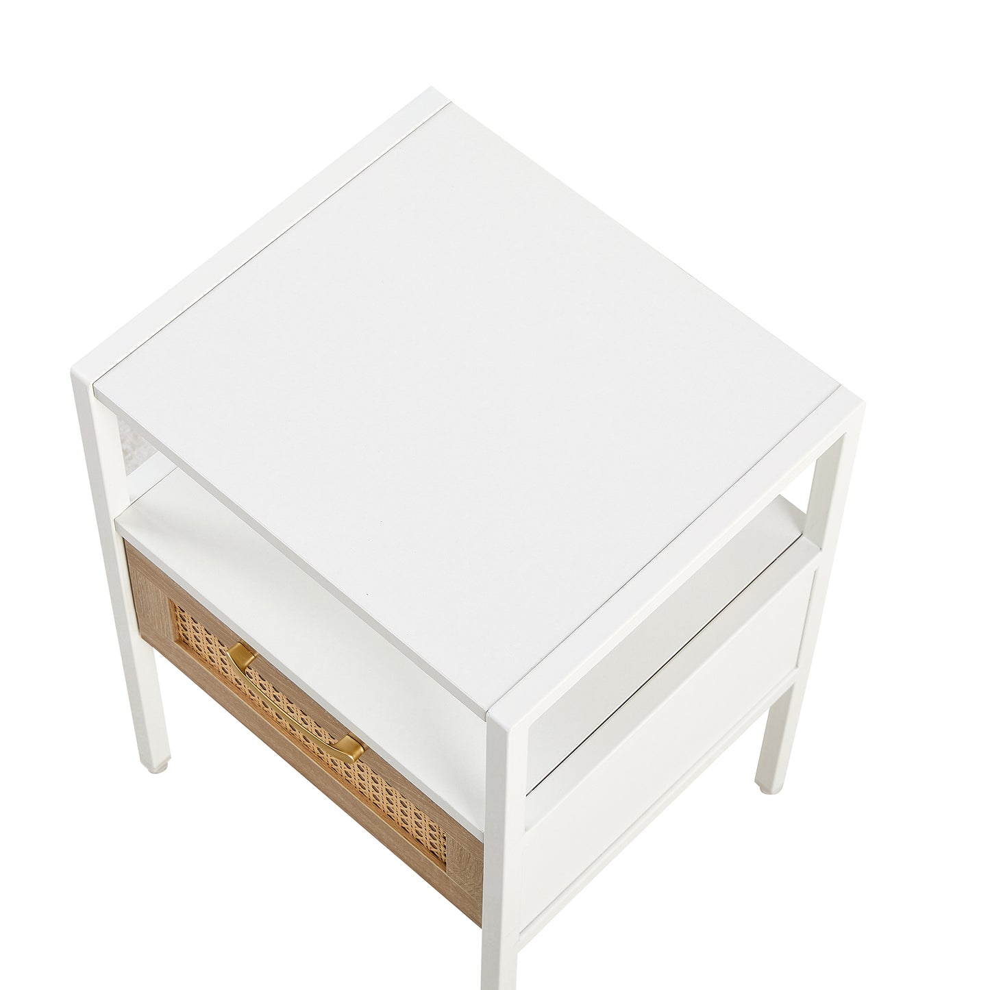 Melysen 15.75" Rattan End table with drawer, Modern nightstand, metal legs,side table for living room, bedroom,white