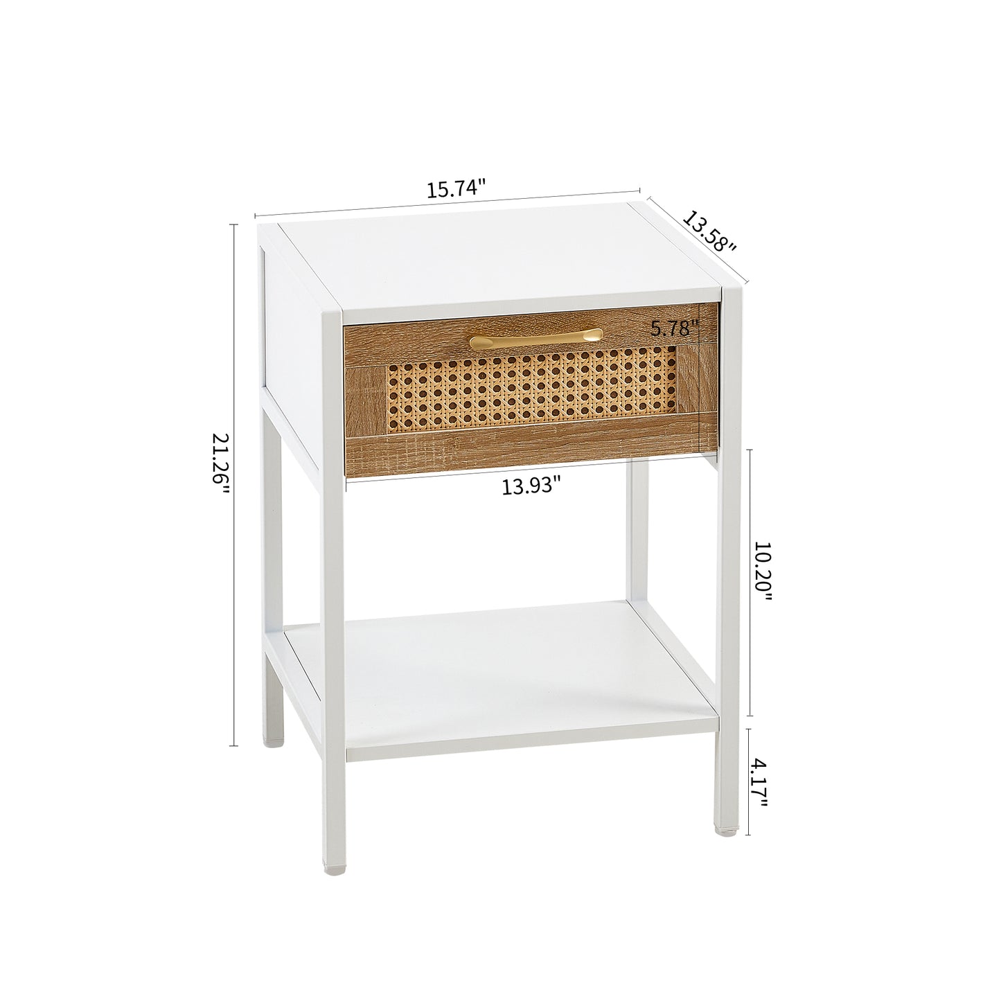 Melysen 15.74" Rattan End table with drawer, Modern nightstand, metal legs,side table for living room, bedroom,white