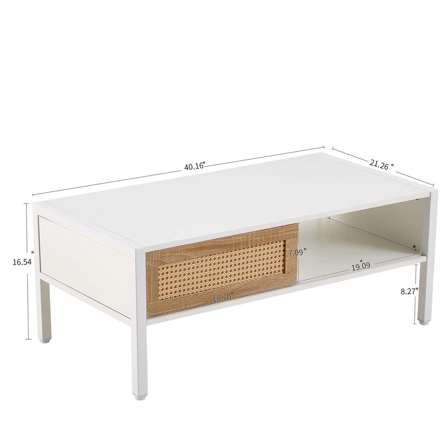 Melysen 40.16" Rattan Coffee table, sliding door for storage, metal legs, Modern table  for living room , white