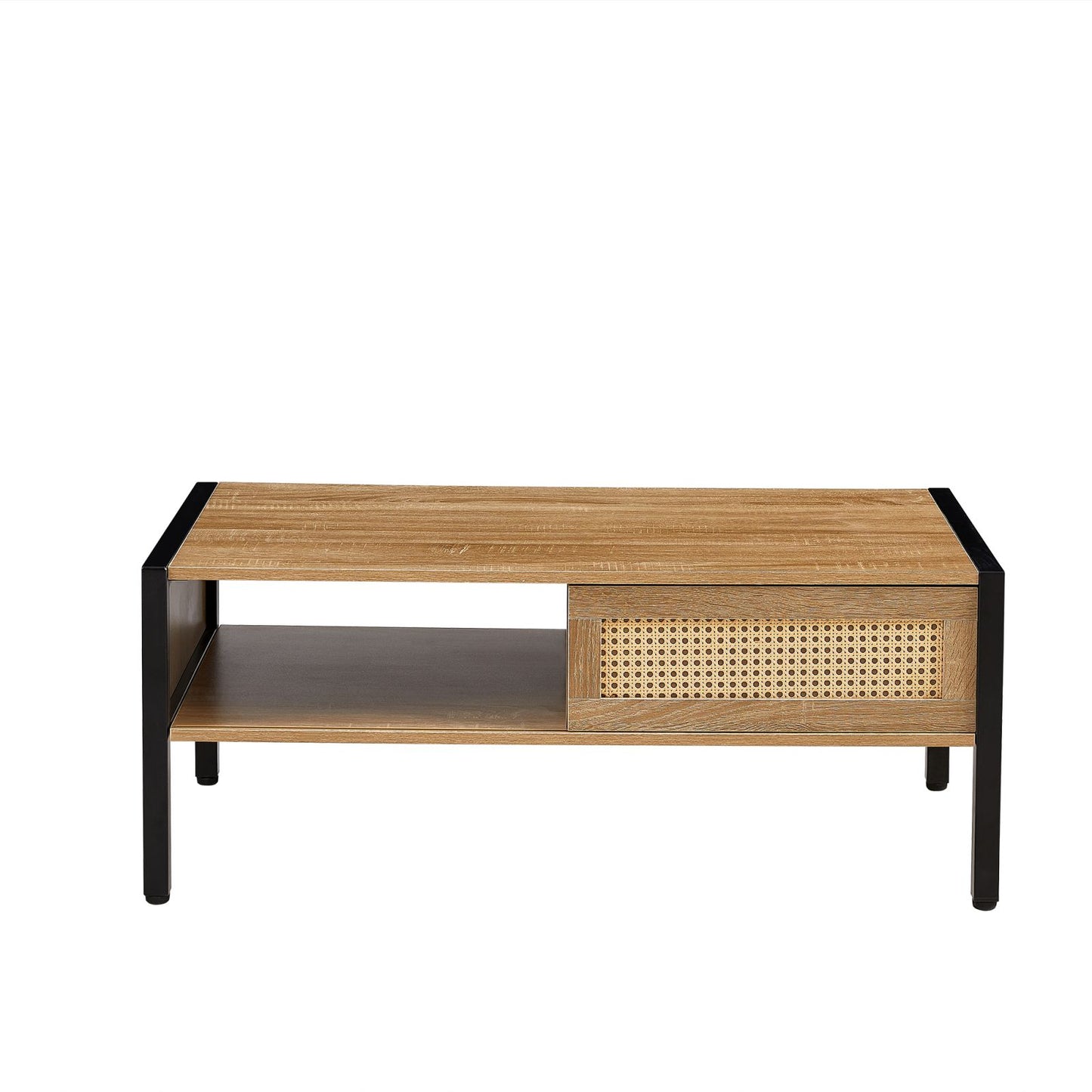 Melysen 40.16" Rattan Coffee table, sliding door for storage, metal legs, Modern table  for living room , natural