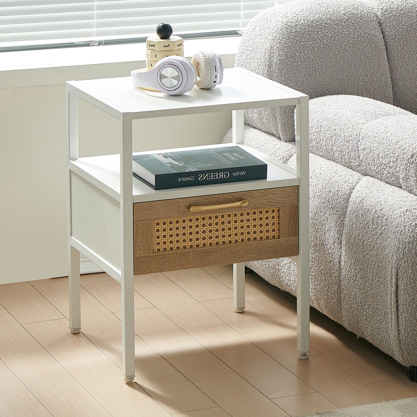 Melysen 15.75" Rattan End table with drawer, Modern nightstand, metal legs,side table for living room, bedroom,white