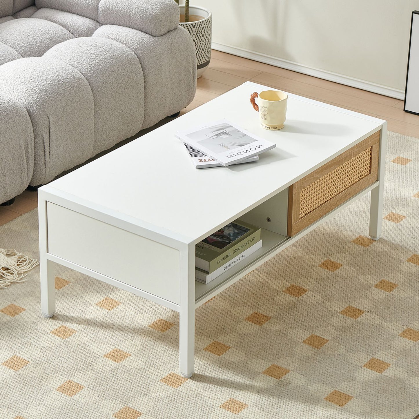 Melysen 40.16" Rattan Coffee table, sliding door for storage, metal legs, Modern table  for living room , white