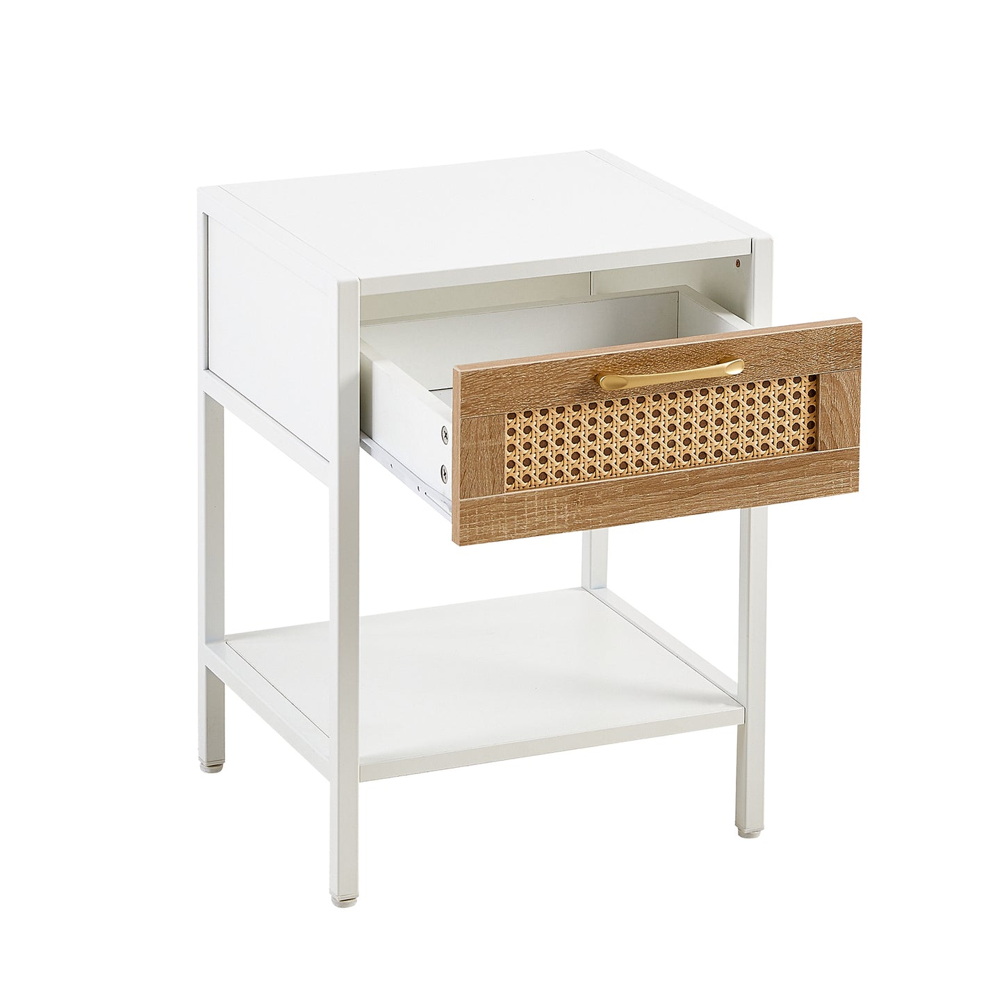 Melysen 15.74" Rattan End table with drawer, Modern nightstand, metal legs,side table for living room, bedroom,white