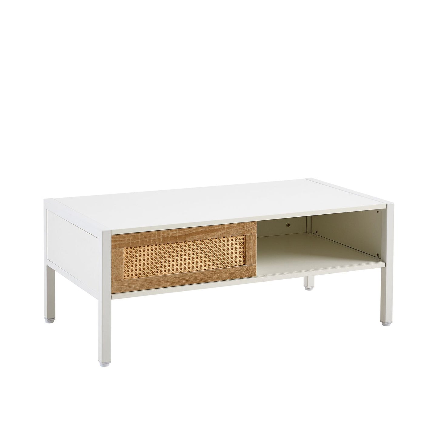 Melysen 40.16" Rattan Coffee table, sliding door for storage, metal legs, Modern table  for living room , white