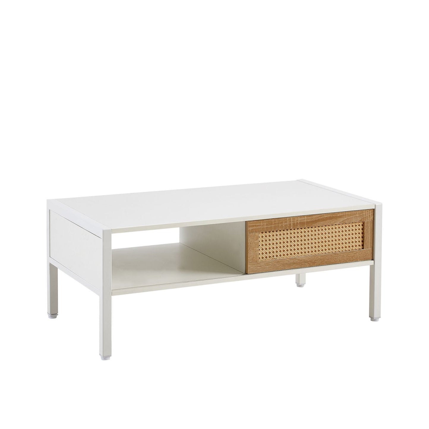 Melysen 40.16" Rattan Coffee table, sliding door for storage, metal legs, Modern table  for living room , white