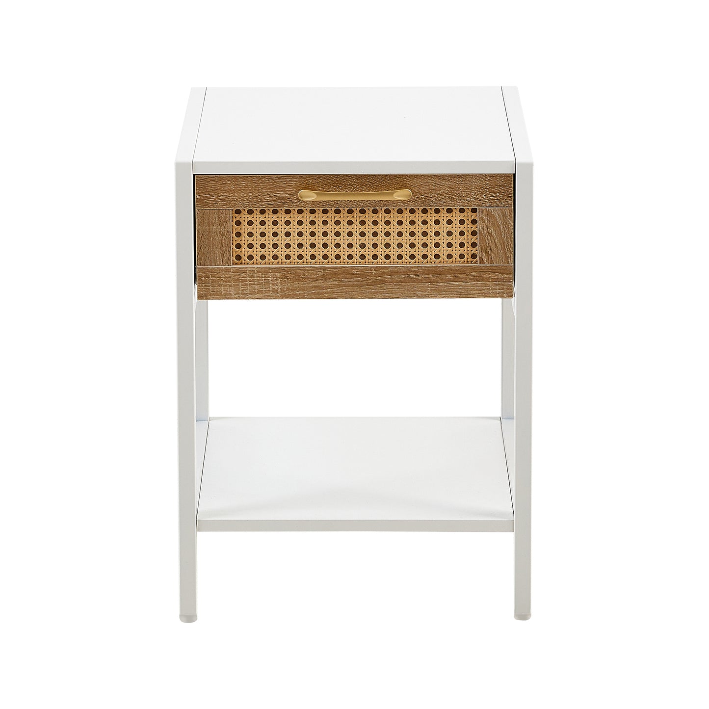 Melysen 15.74" Rattan End table with drawer, Modern nightstand, metal legs,side table for living room, bedroom,white