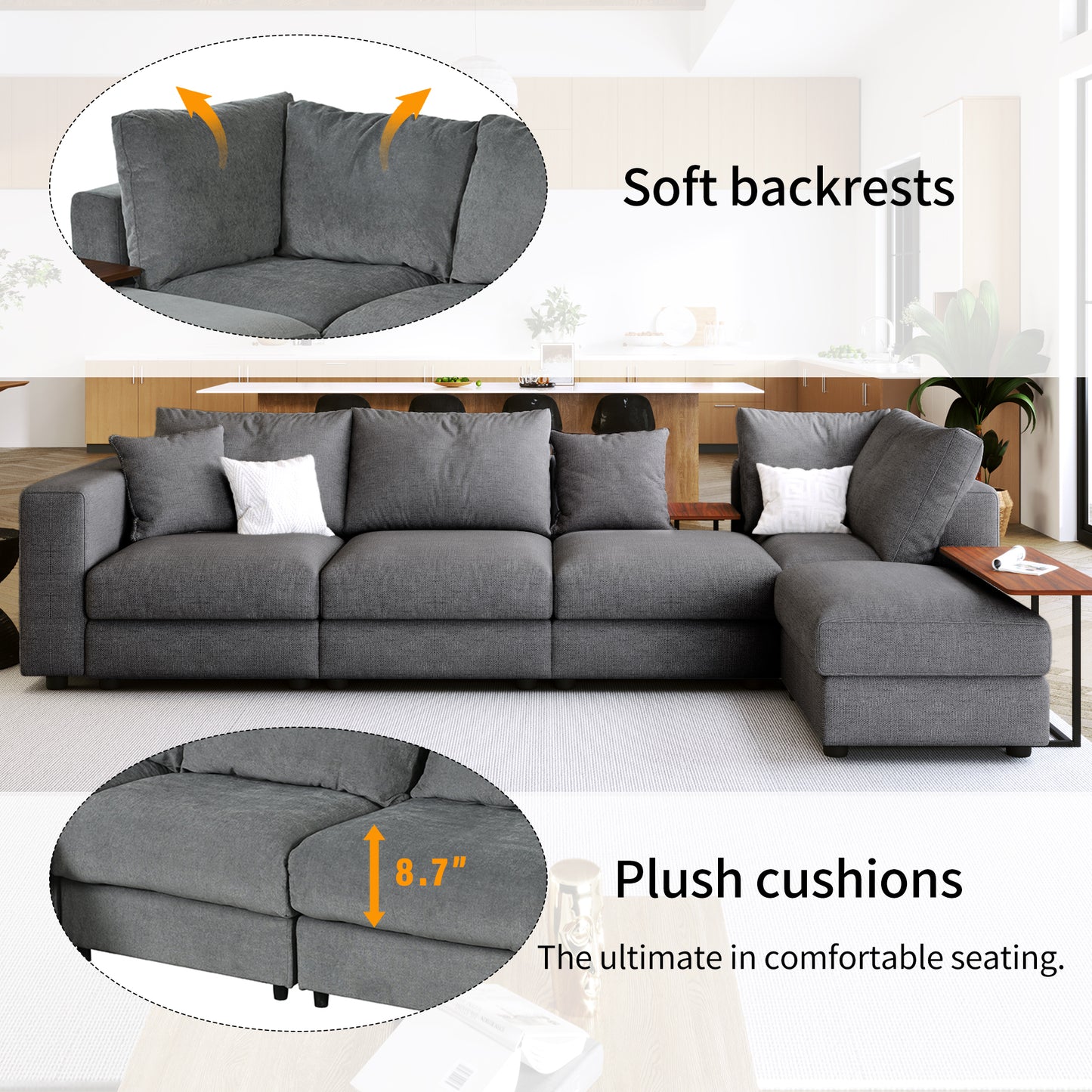 Melysen Modern Large L-Shape Sectional Sofa for Living Room£¬2 Pillows and 2 End Tables