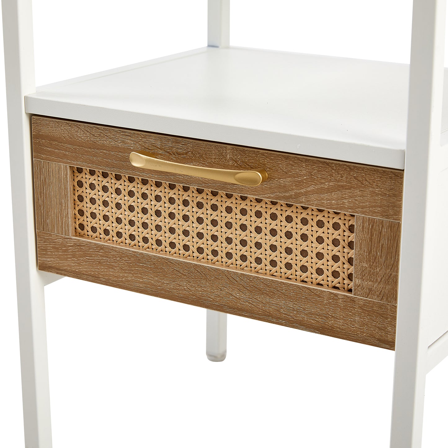 Melysen 15.75" Rattan End table with drawer, Modern nightstand, metal legs,side table for living room, bedroom,white