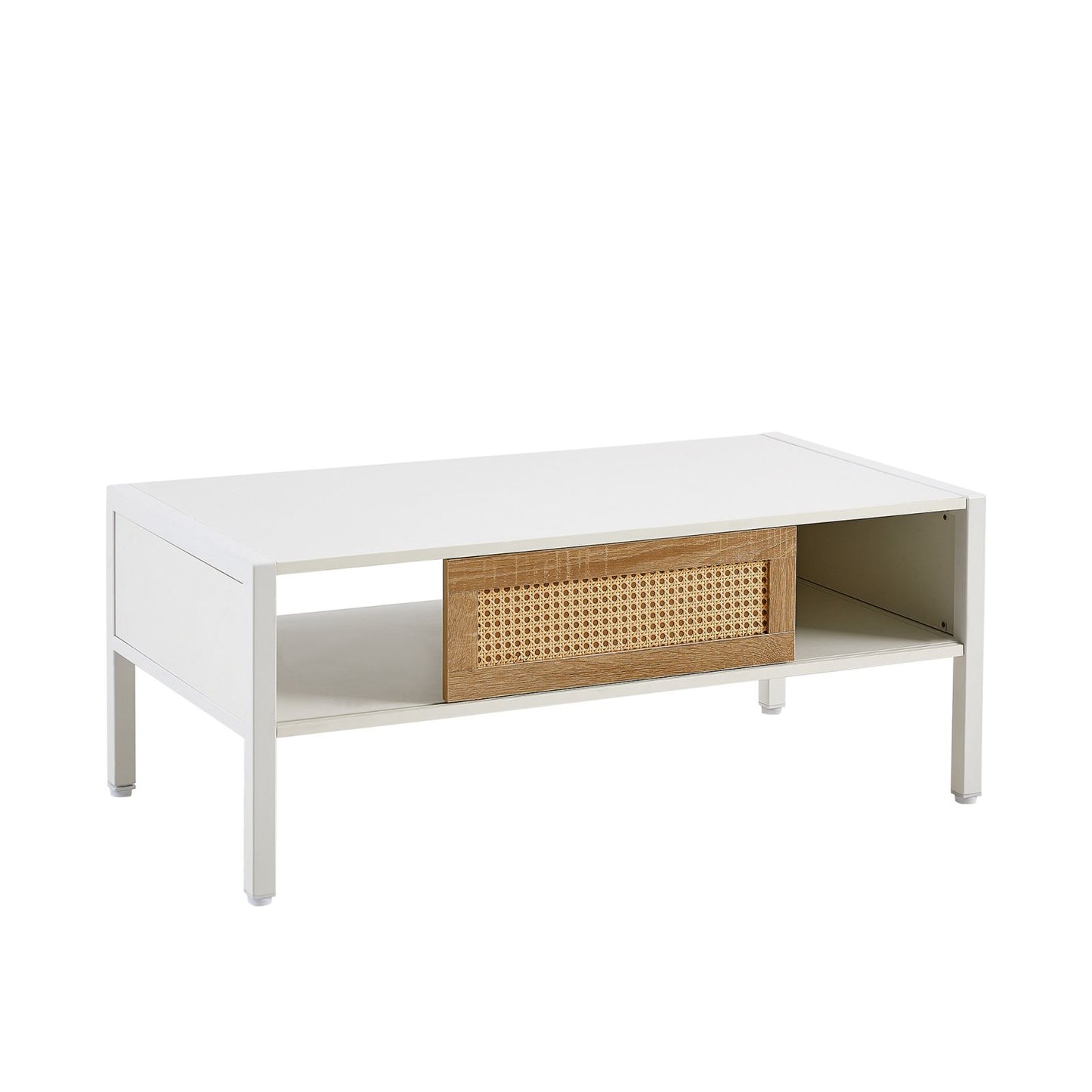 Melysen 40.16" Rattan Coffee table, sliding door for storage, metal legs, Modern table  for living room , white