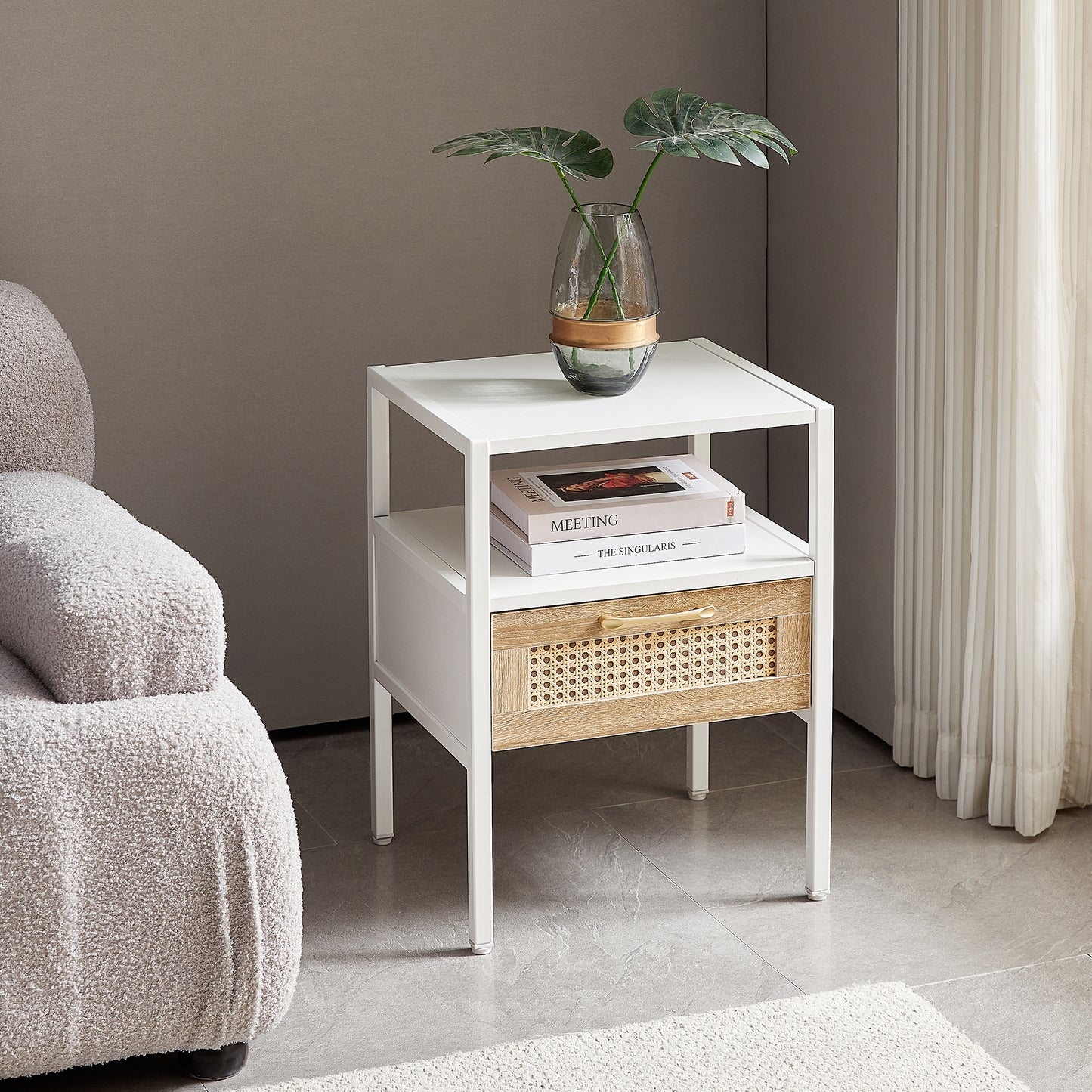 Melysen 15.75" Rattan End table with drawer, Modern nightstand, metal legs,side table for living room, bedroom,white