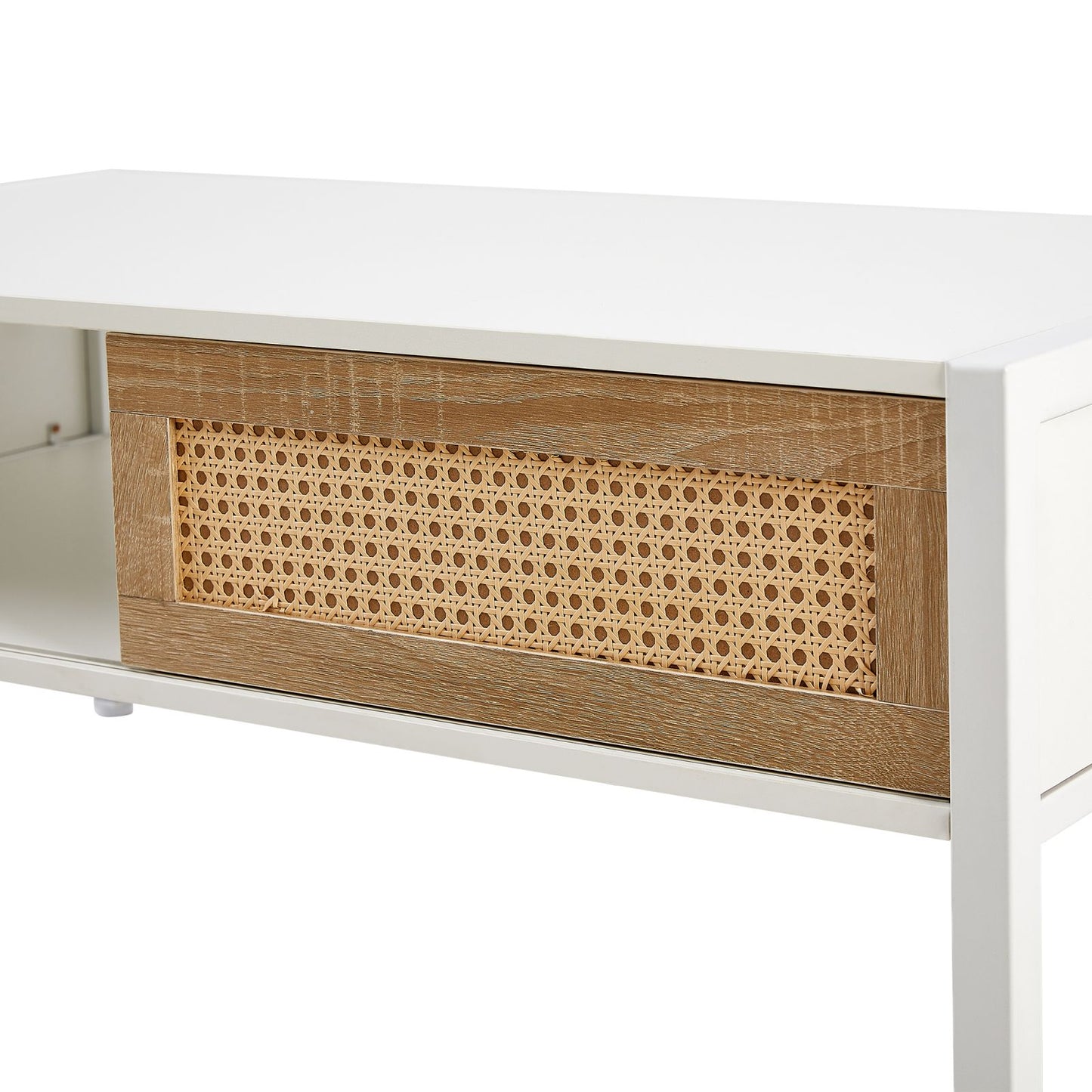 Melysen 40.16" Rattan Coffee table, sliding door for storage, metal legs, Modern table  for living room , white