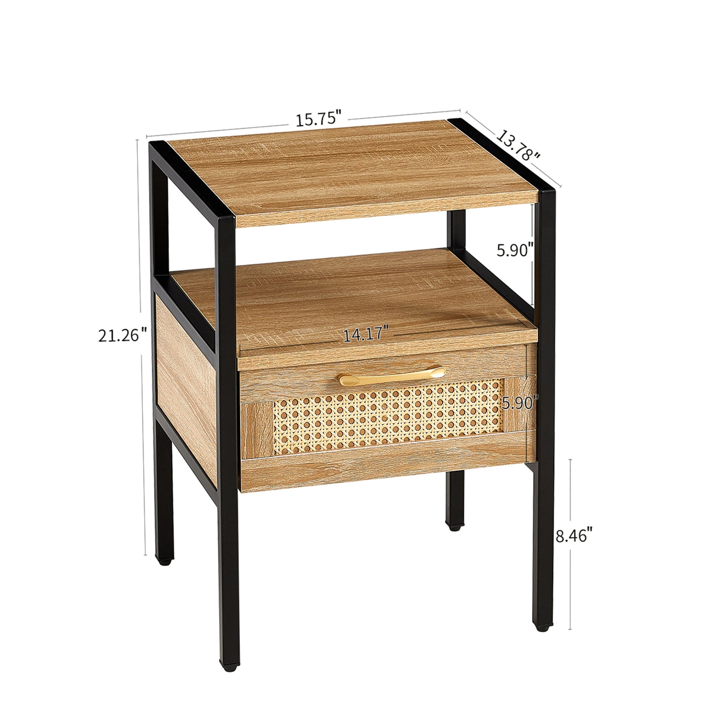 Melysen 15.75" Rattan End table with drawer, Modern nightstand, metal legs,side table for living room, bedroom,natural