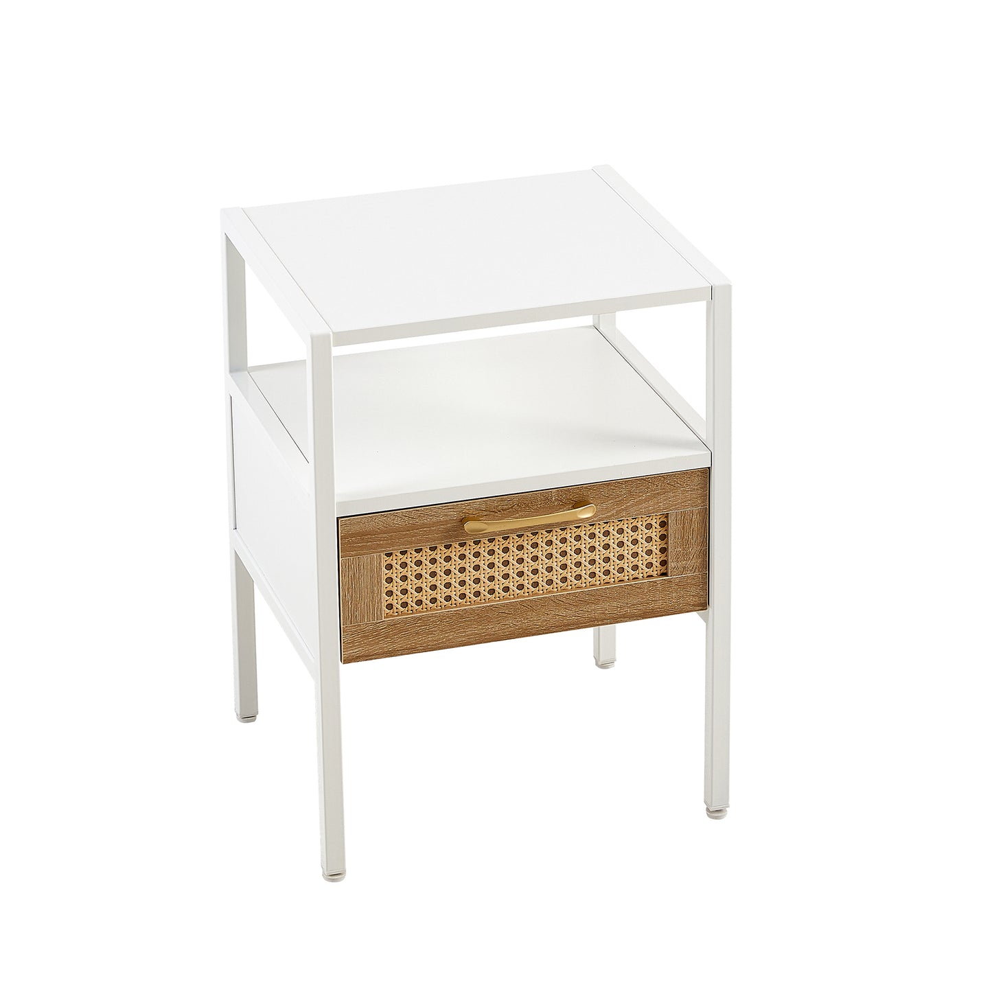 Melysen 15.75" Rattan End table with drawer, Modern nightstand, metal legs,side table for living room, bedroom,white