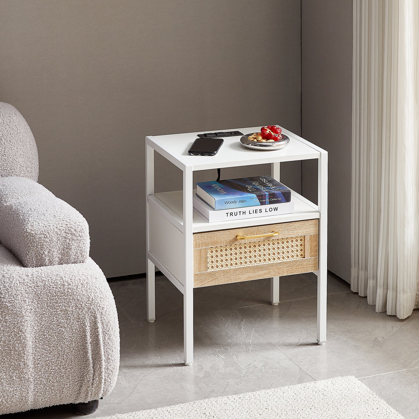 Melysen 15.75" Rattan End table with Power Outlet & USB Ports , Modern nightstand with drawer and metal legs, side table for living room, bedroom,white