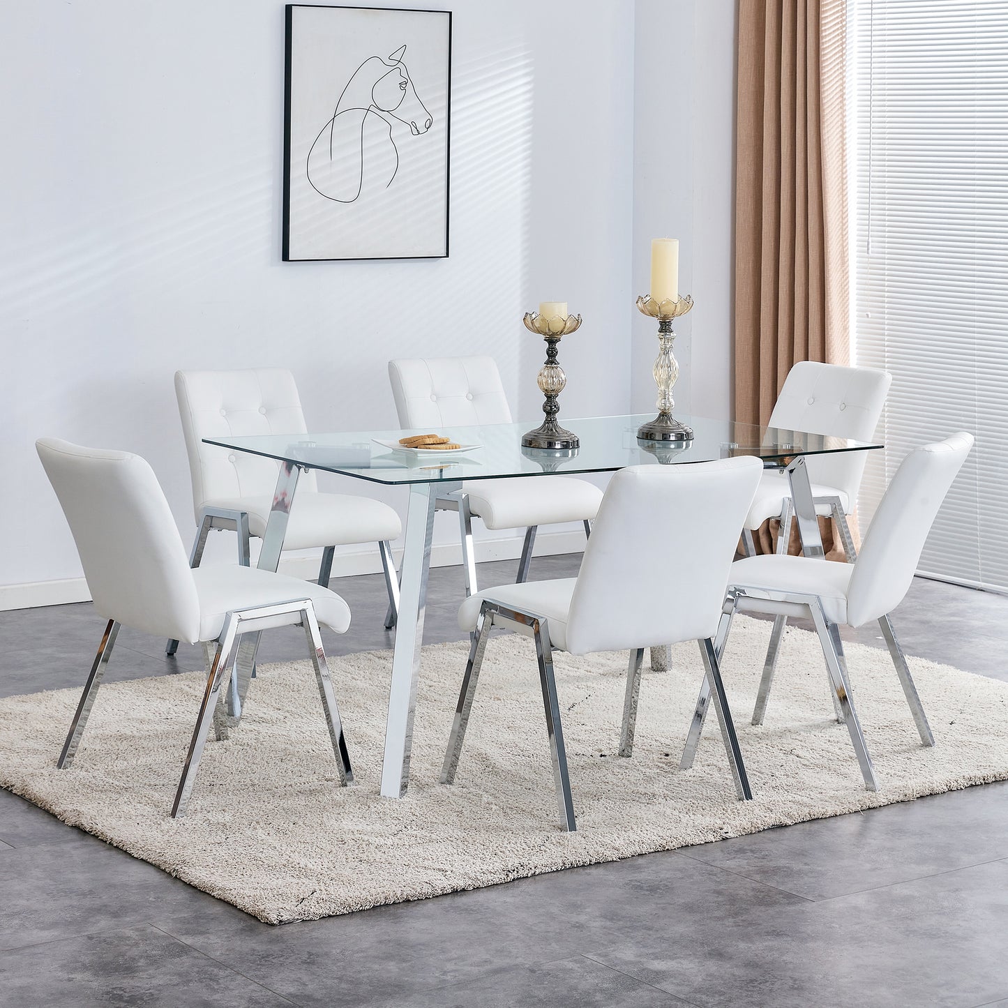 Melysen Table and Chair Set, 1 Table with 6 White Chairs. Rectangular Glass Dining Table with Tempered Glass Tabletop and Silver Metal Legs. Paired with Armless Pu Dining Chairs and Electroplated Metal Legs.